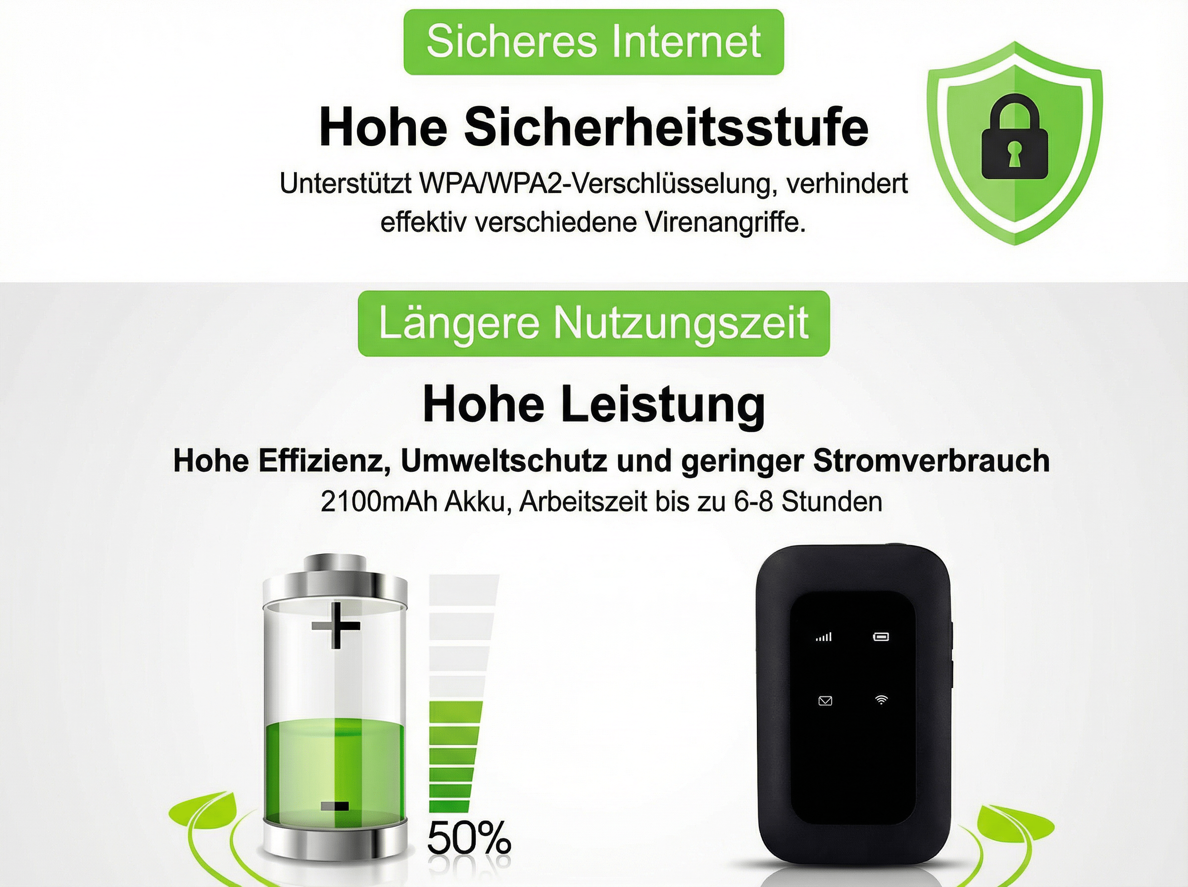 Ein mobiles Hotspot-Gerät mit Akku und Sicherheitssymbol.