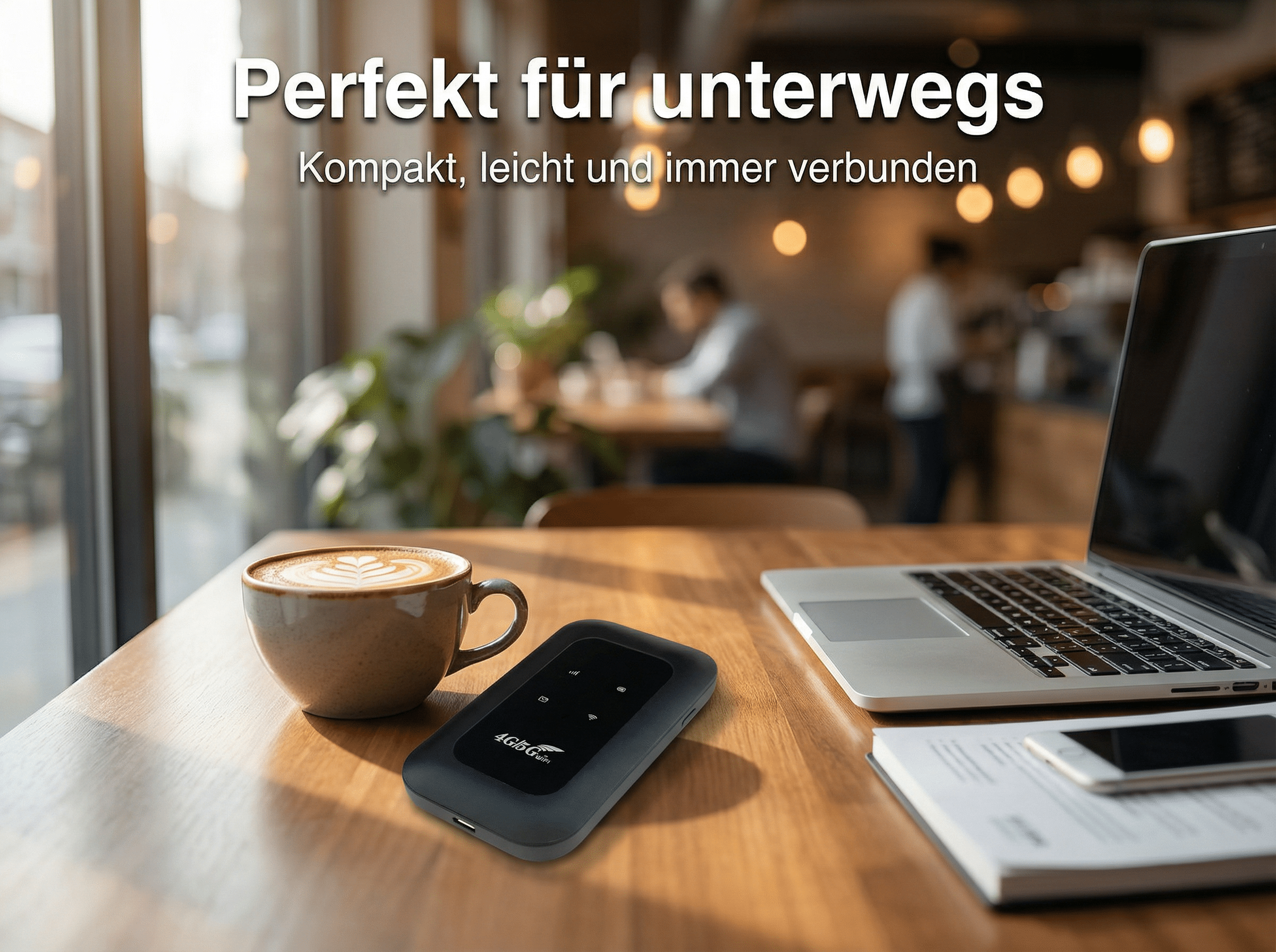 Kaffee, mobiler Hotspot, Laptop und Handy auf Holztisch im Café.