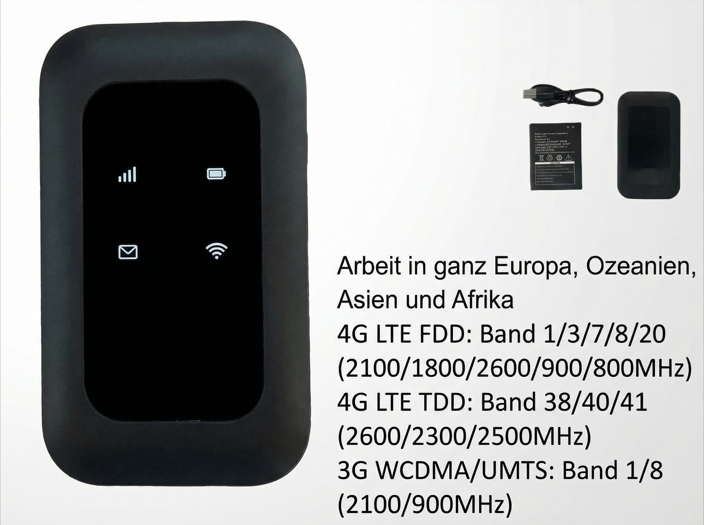 Schwarzer mobiler WLAN-Router mit Akku und Kabel. Technische Daten.