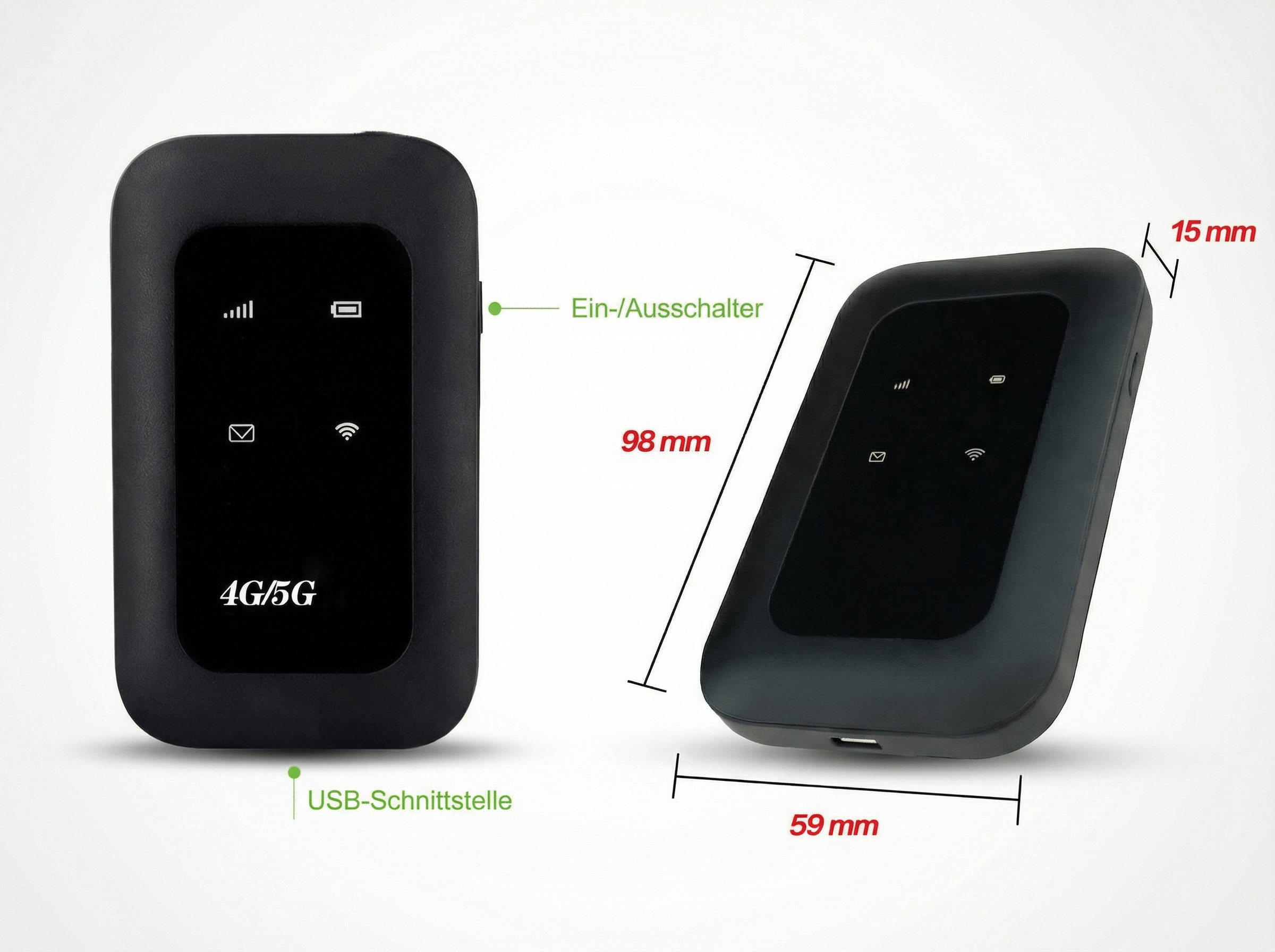 Ein schwarzer 4G/5G-Hotspot mit Maßen von 98x59x15 mm.