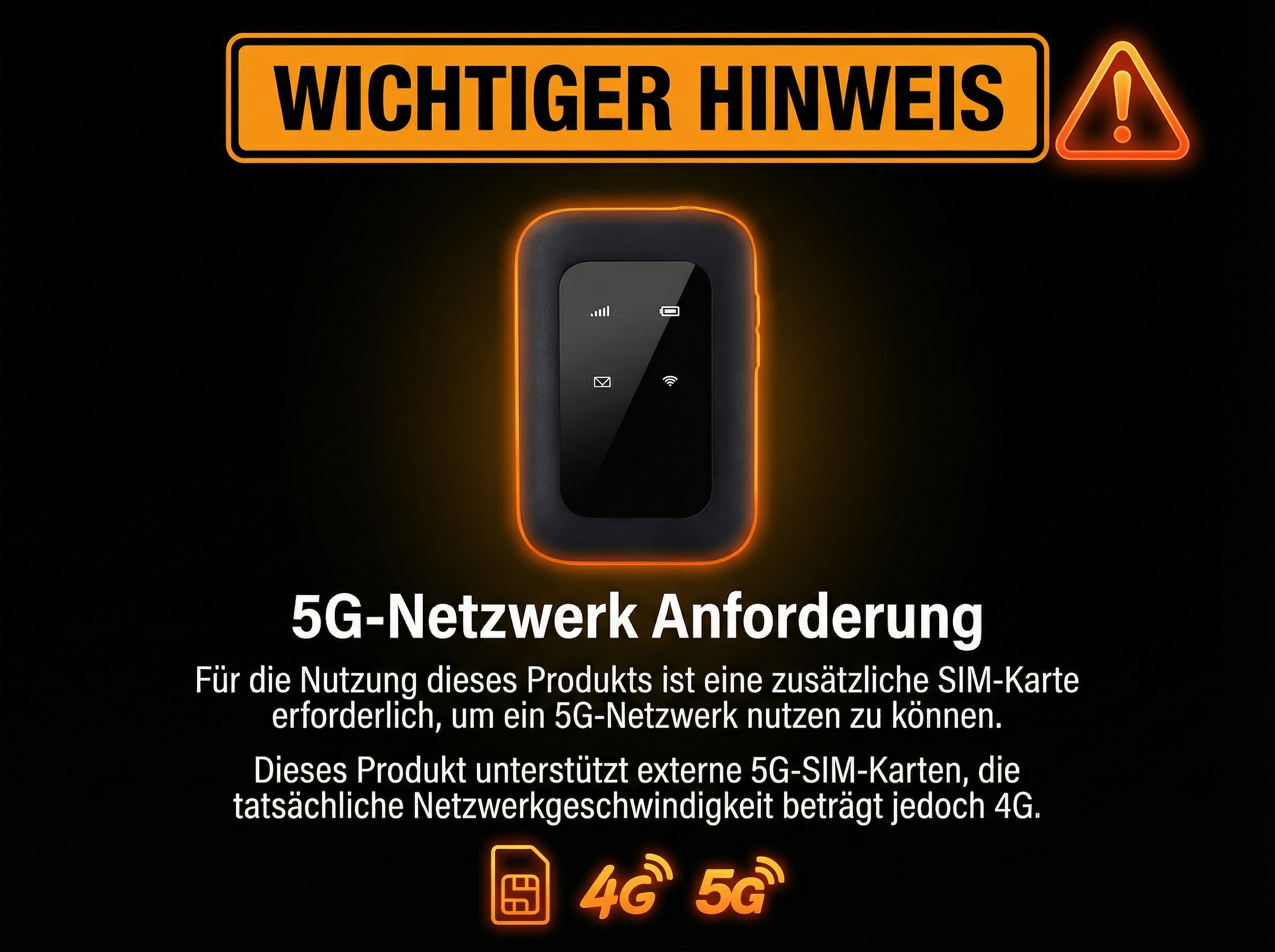 Wichtiger Hinweis: 5G-Gerät benötigt SIM-Karte, 4G-Geschwindigkeit.