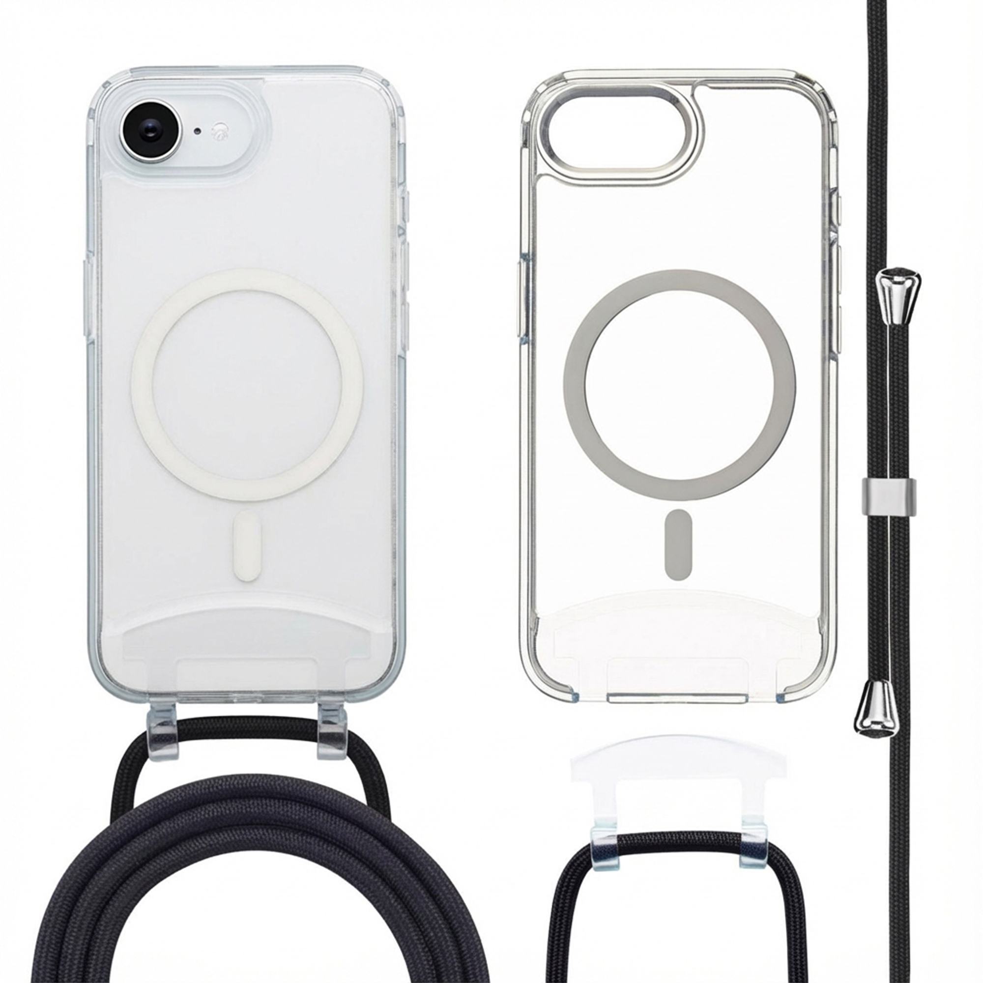 Coque de téléphone transparente avec lanière noire et quincaillerie argentée.