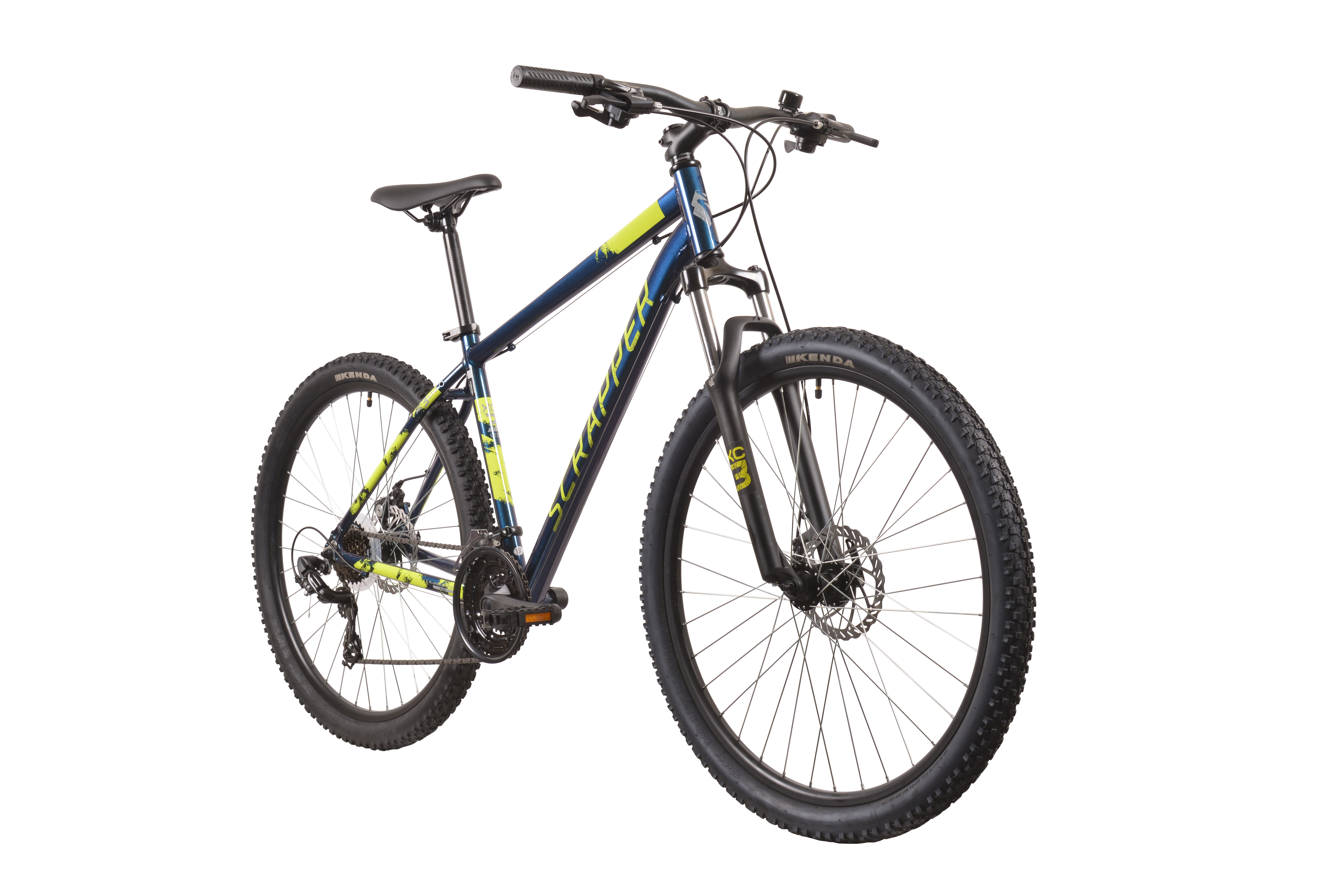 Ciemnoniebieski rower górski z żółtymi akcentami i hamulcami tarczowymi.