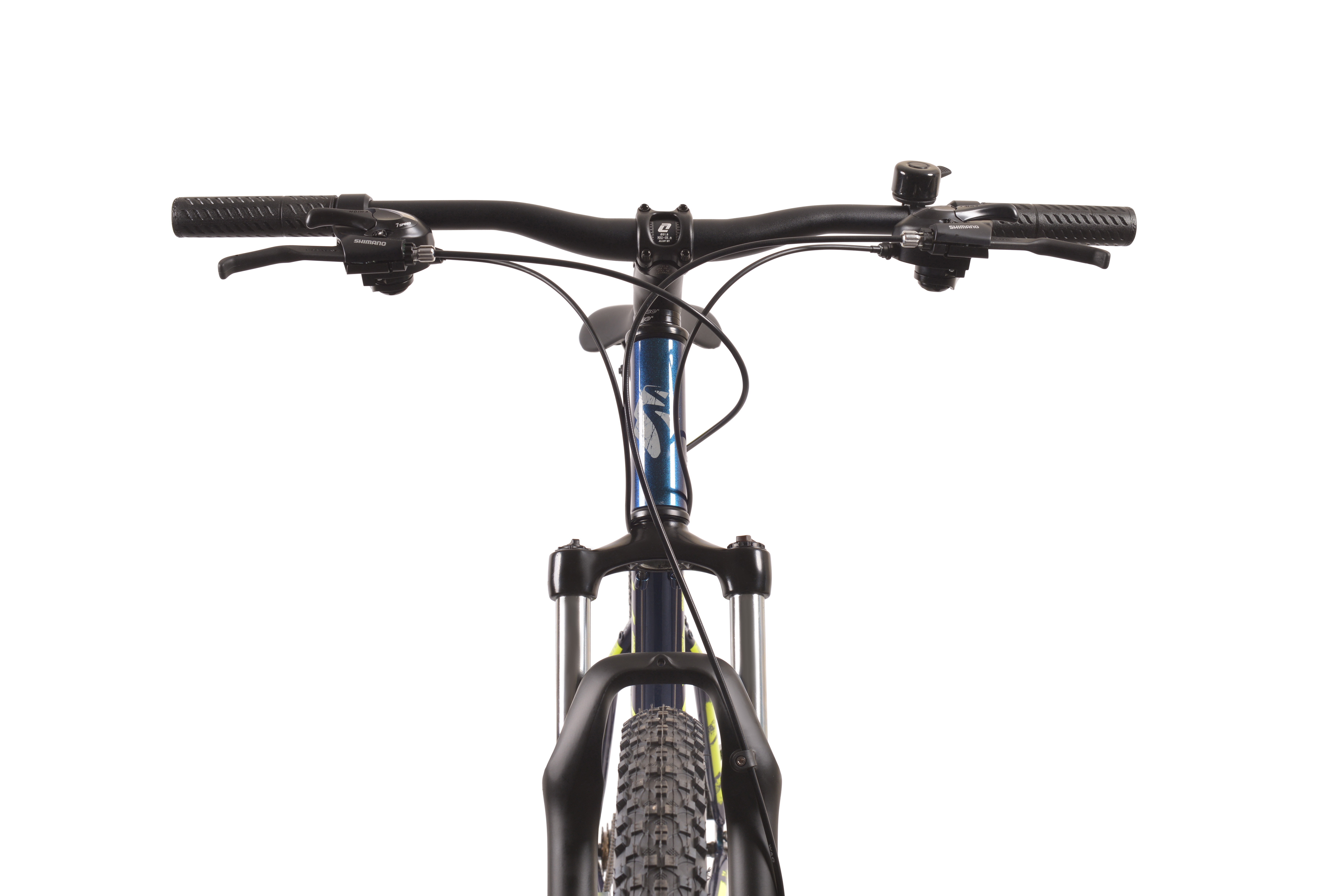 Widok z przodu niebieskiego roweru górskiego z czarną kierownicą i amortyzatorem.