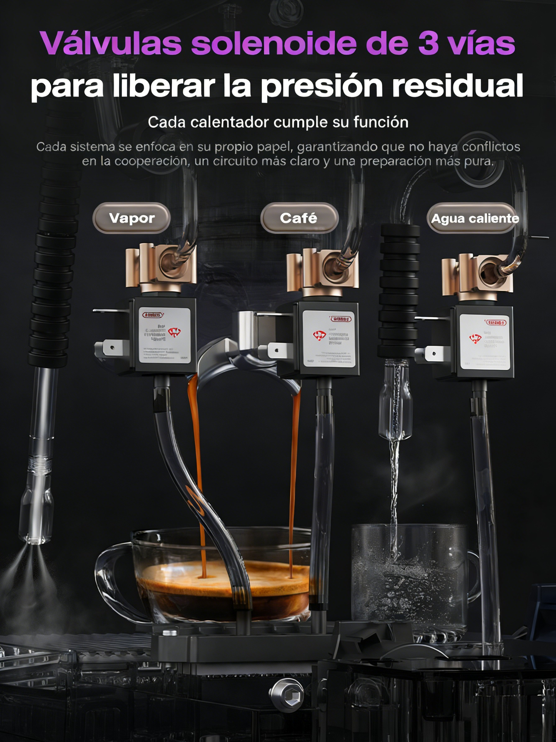Máquina de espresso con tres válvulas: vapor, café, agua caliente.