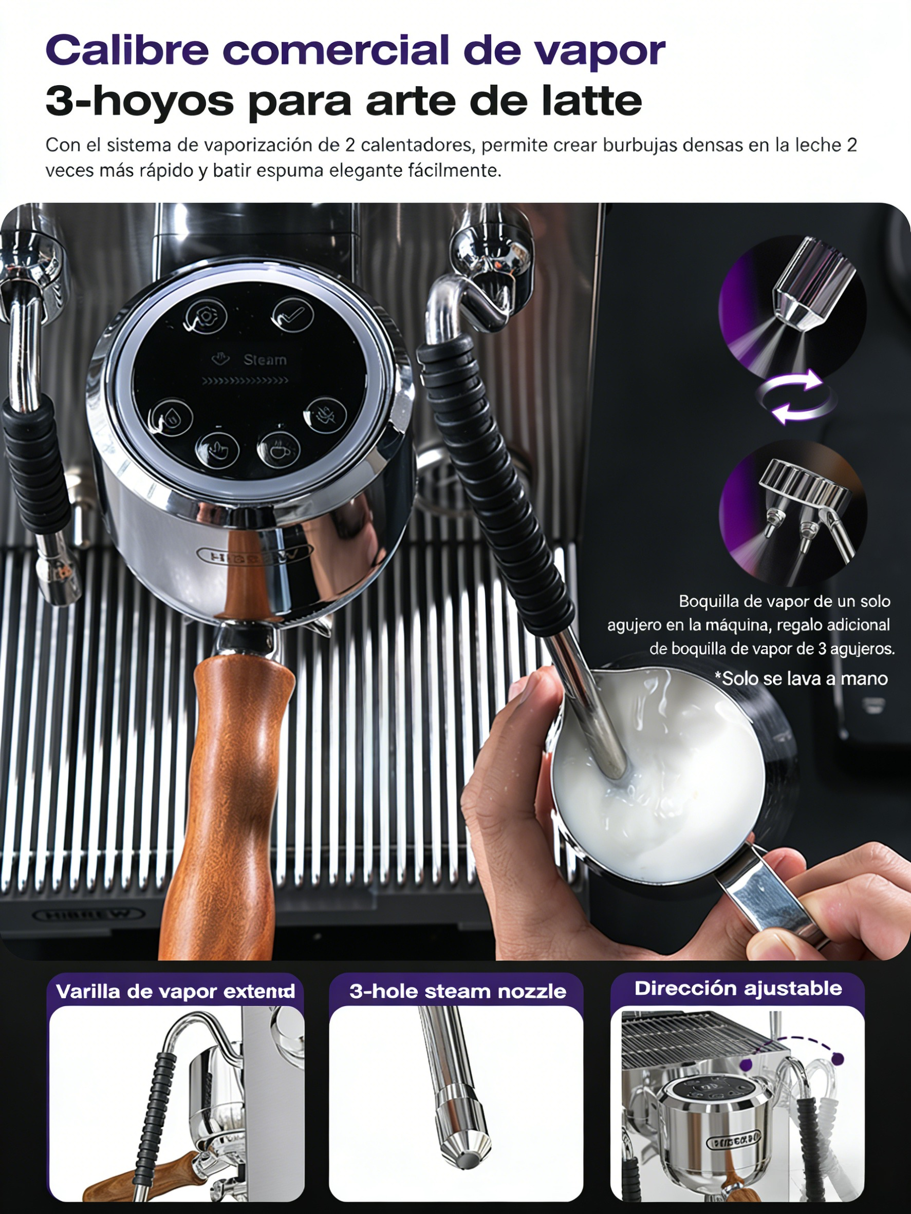 Una persona espumea leche con una máquina de espresso con lanza de vapor y mango de madera.