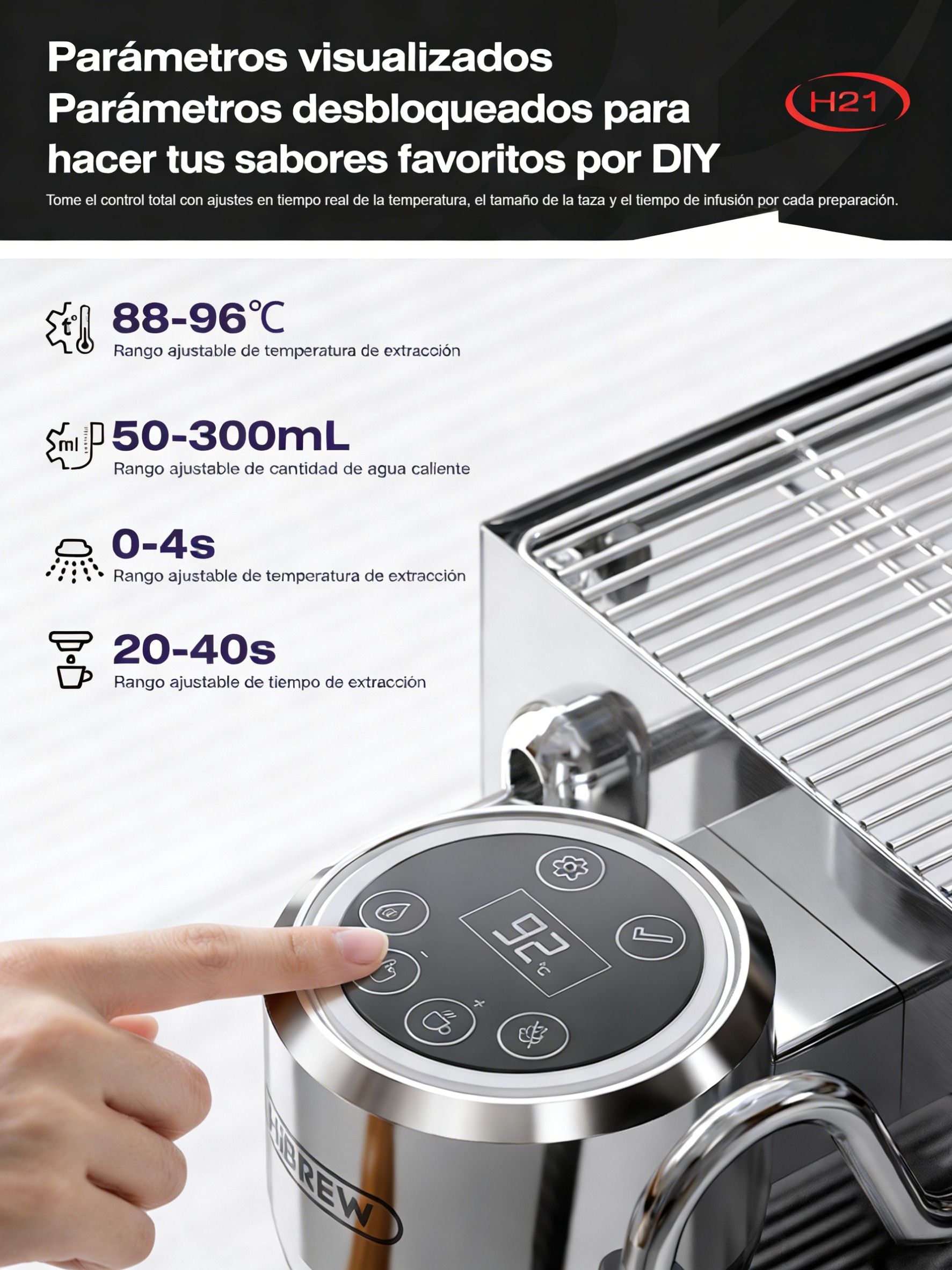 Una mano opera una cafetera con pantalla digital que muestra 92°C.