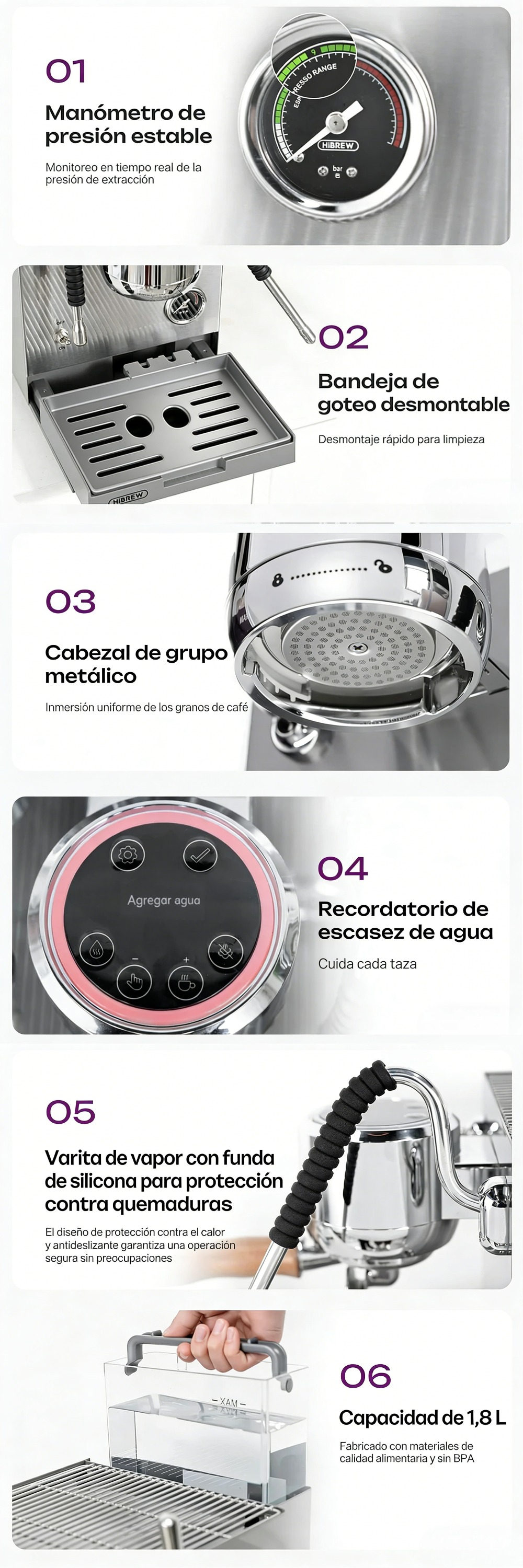 Cafetera con manómetro, bandeja de goteo, grupo metálico, indicador de agua, vapor y depósito de 1.8L.