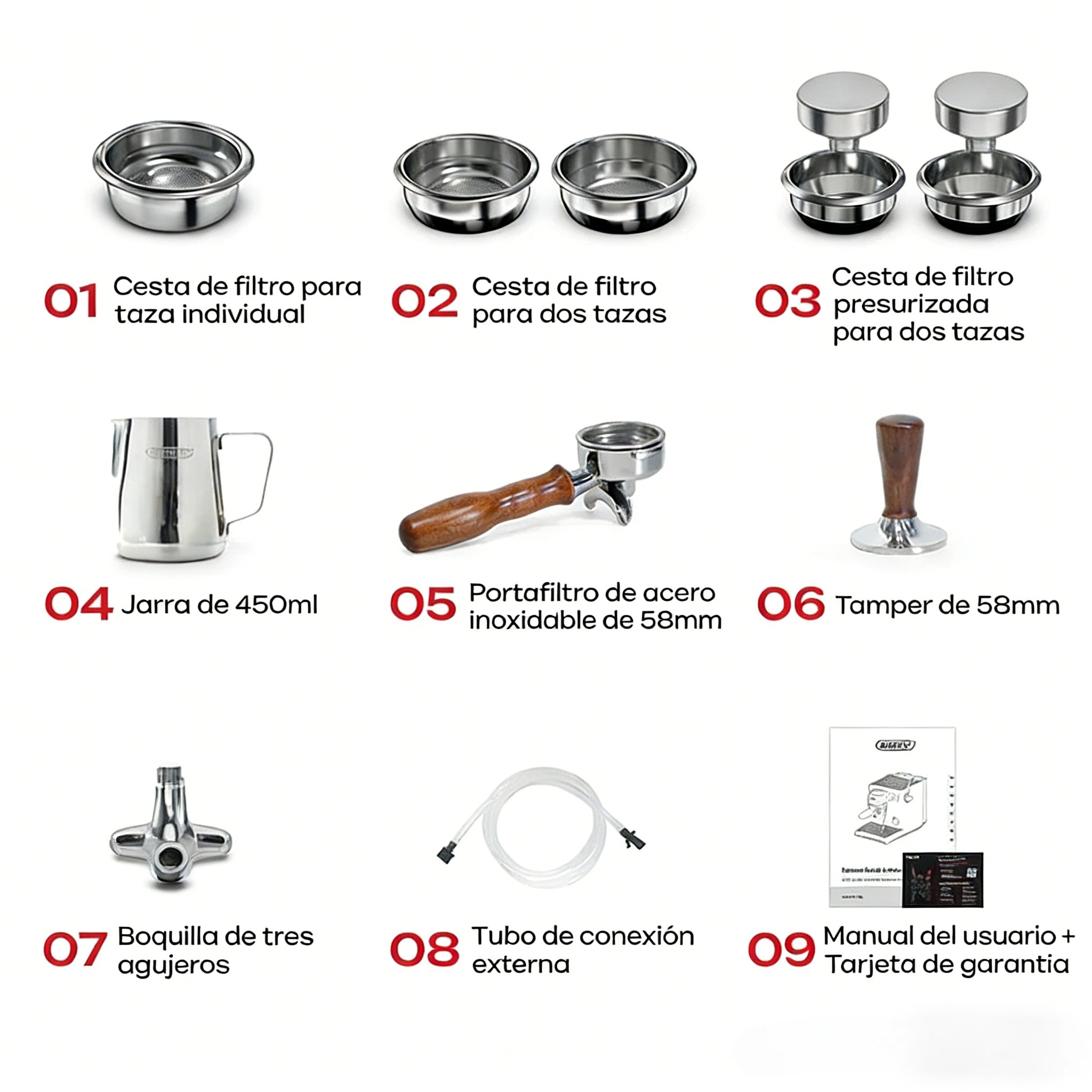 Accesorios de máquina de espresso: filtros, jarra, portafiltro, tamper, boquilla, manguera, manual.