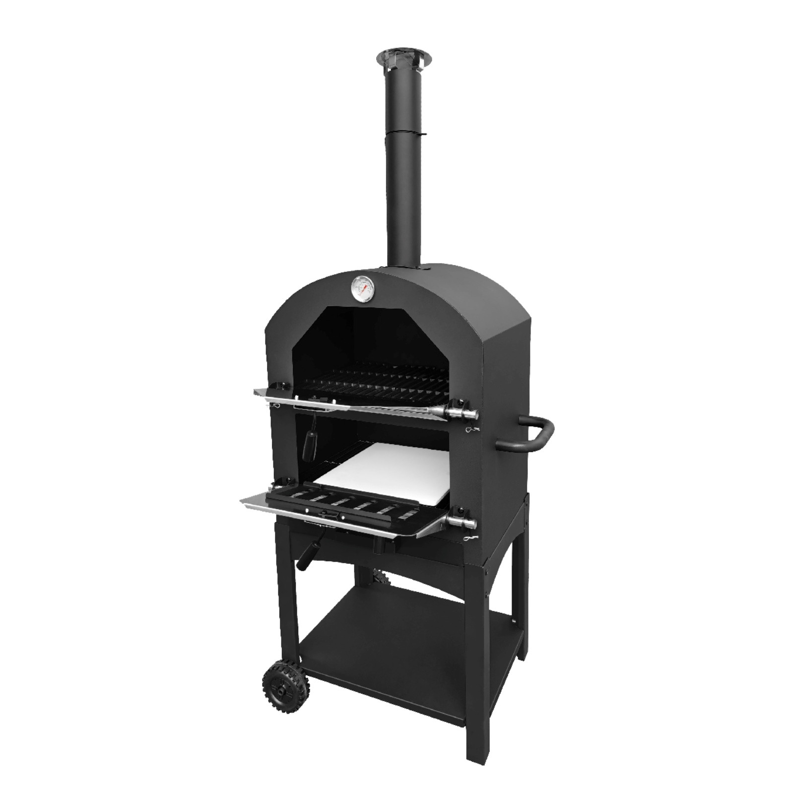 Czarny piec do pizzy z kominem i termometrem na kołach.