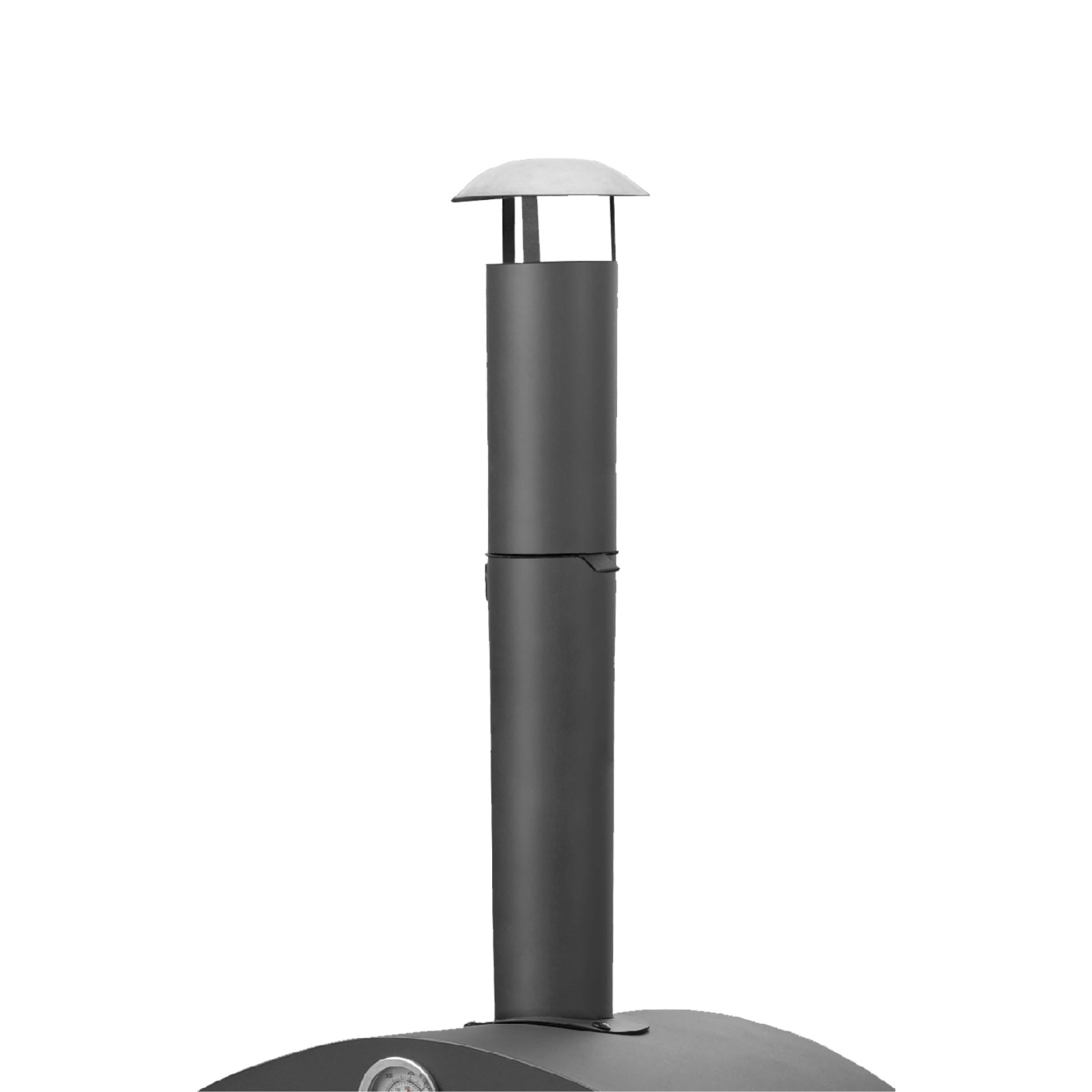 Ciemny komin z srebrną nasadką na białym tle.