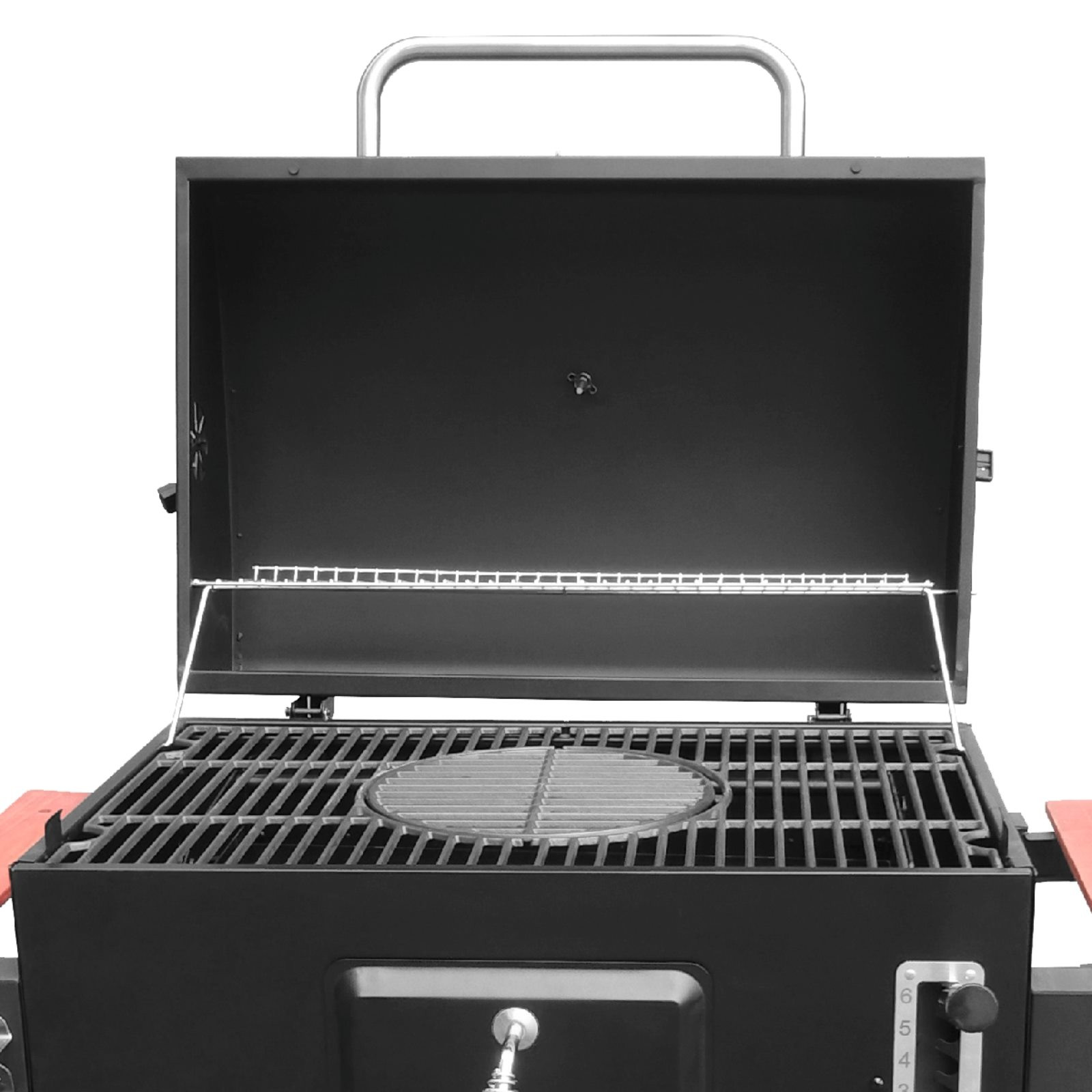 Otwarty czarny grill z srebrną rączką i rusztem.