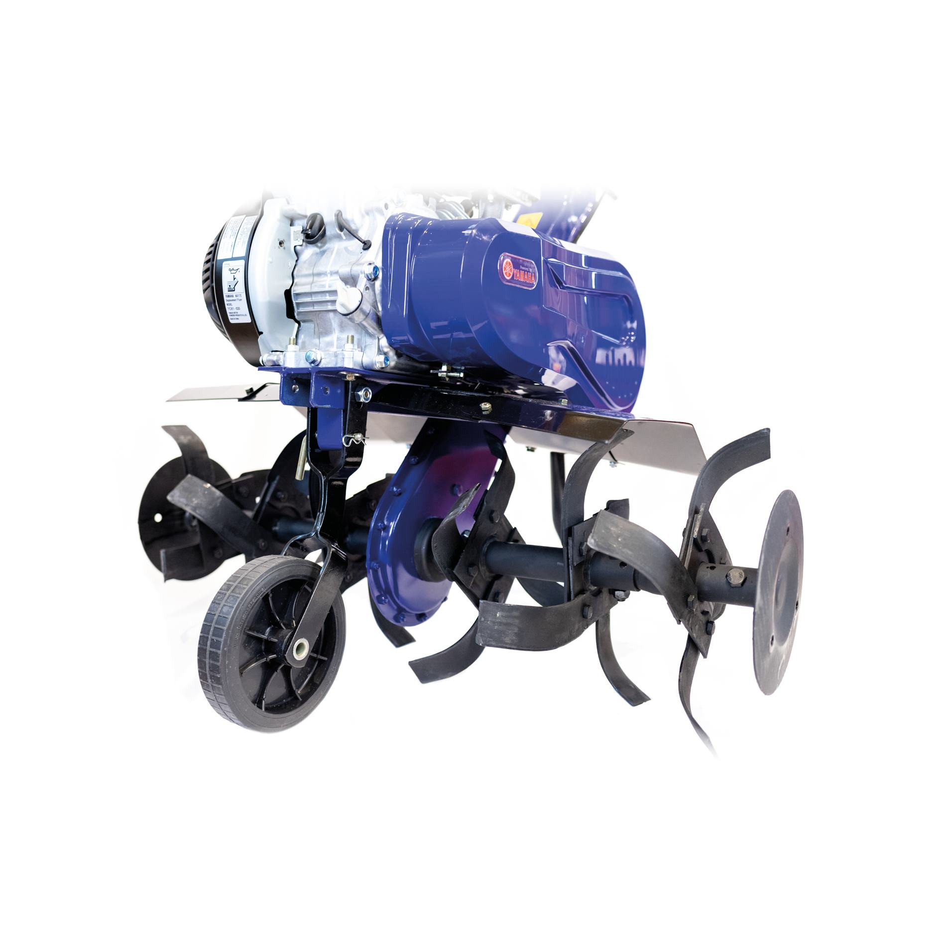 Niebieski silnik z brązowymi zębami i kołami na białym tle.