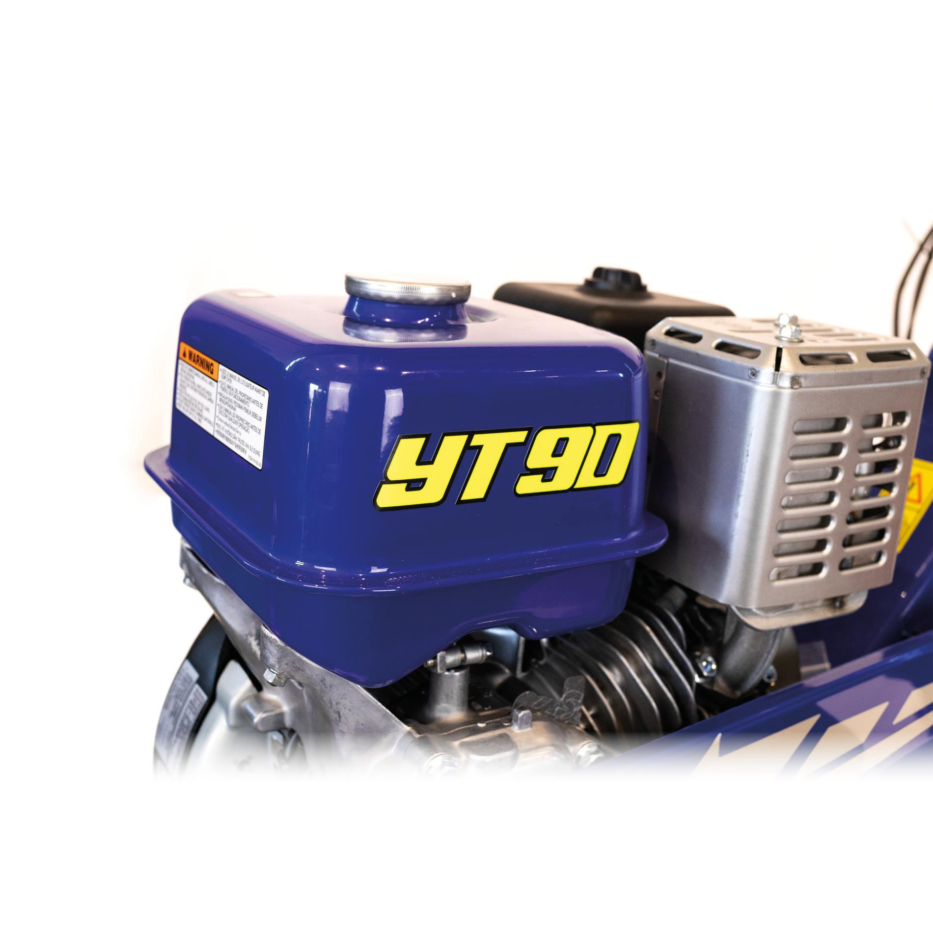 Niebieski zbiornik paliwa z żółtym logo YT90 i srebrną osłoną filtra.