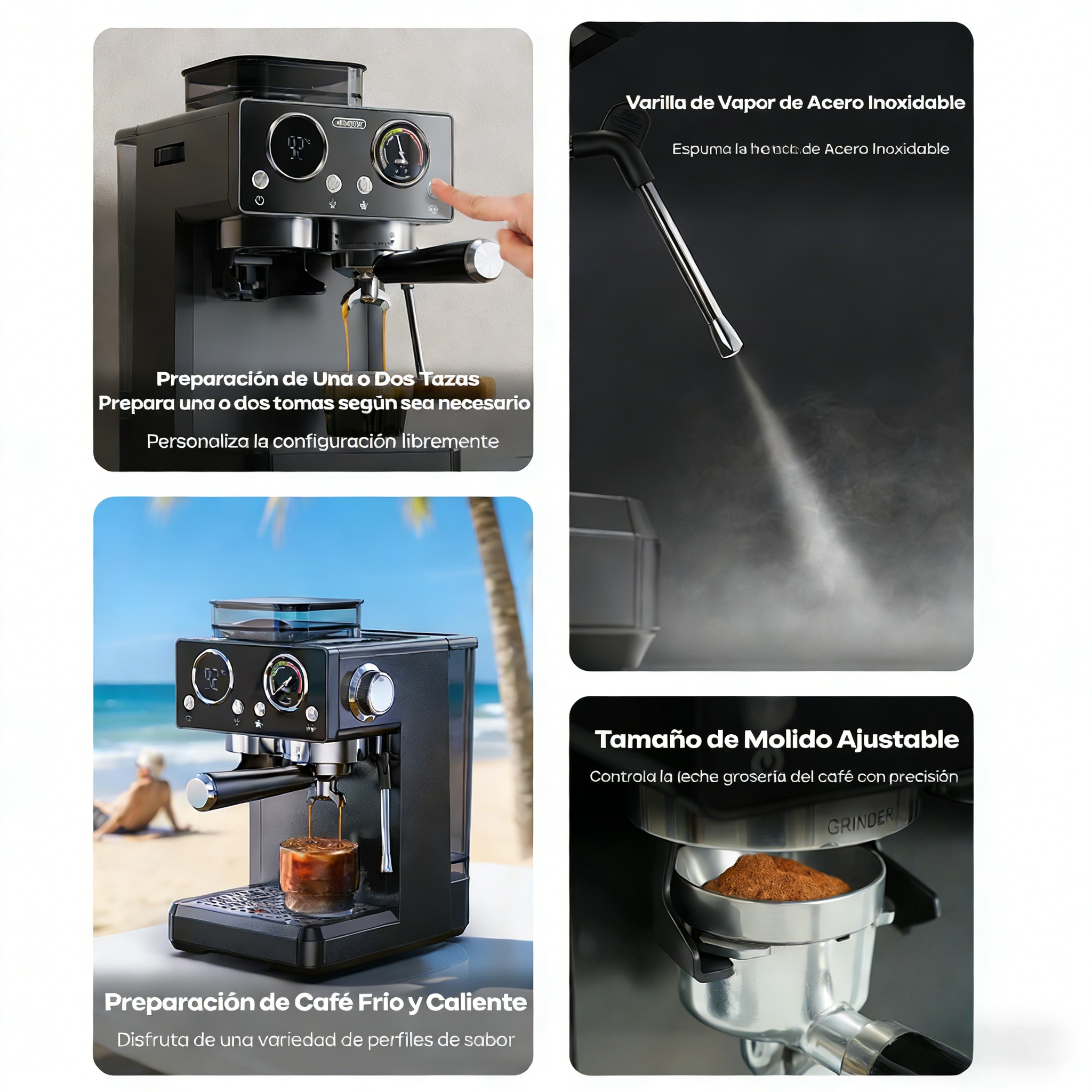 Cafetera con varilla de vapor, preparación de café en playa, molido ajustable.