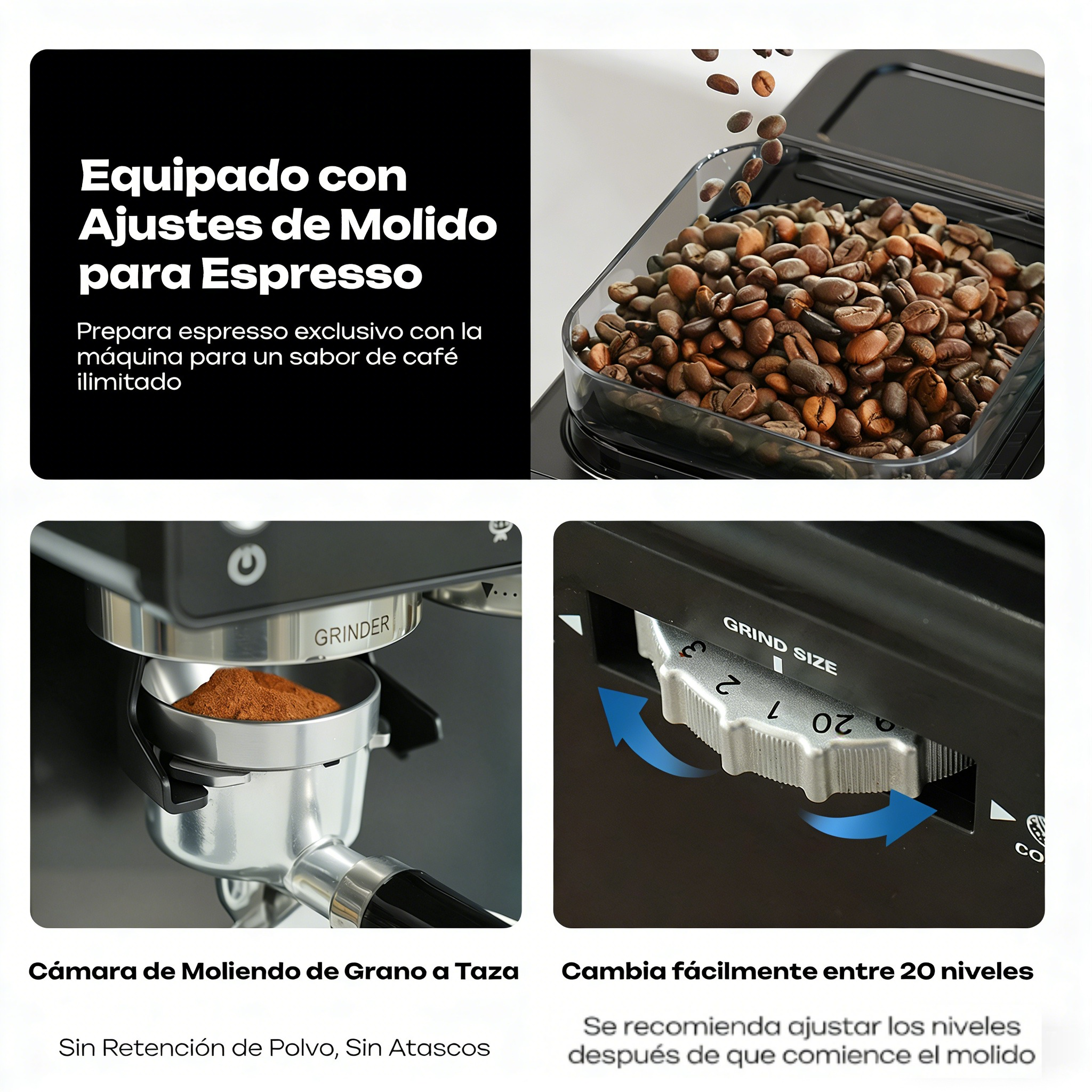 Máquina de espresso con ajustes de molido y granos.
