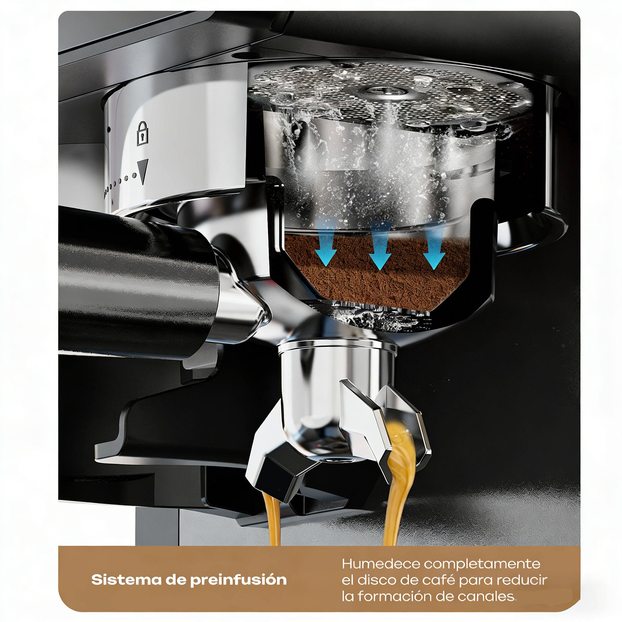 Cafetera: el agua humedece el café antes de que fluya el espresso.
