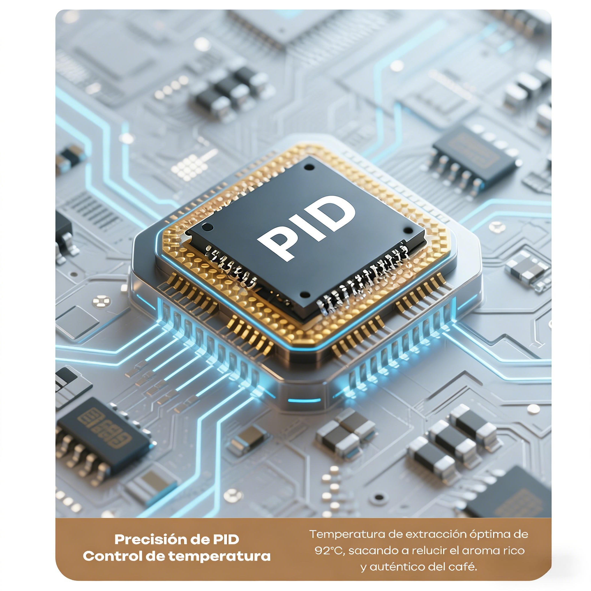 Un microchip con la etiqueta "PID" en una placa de circuito con luces azules.