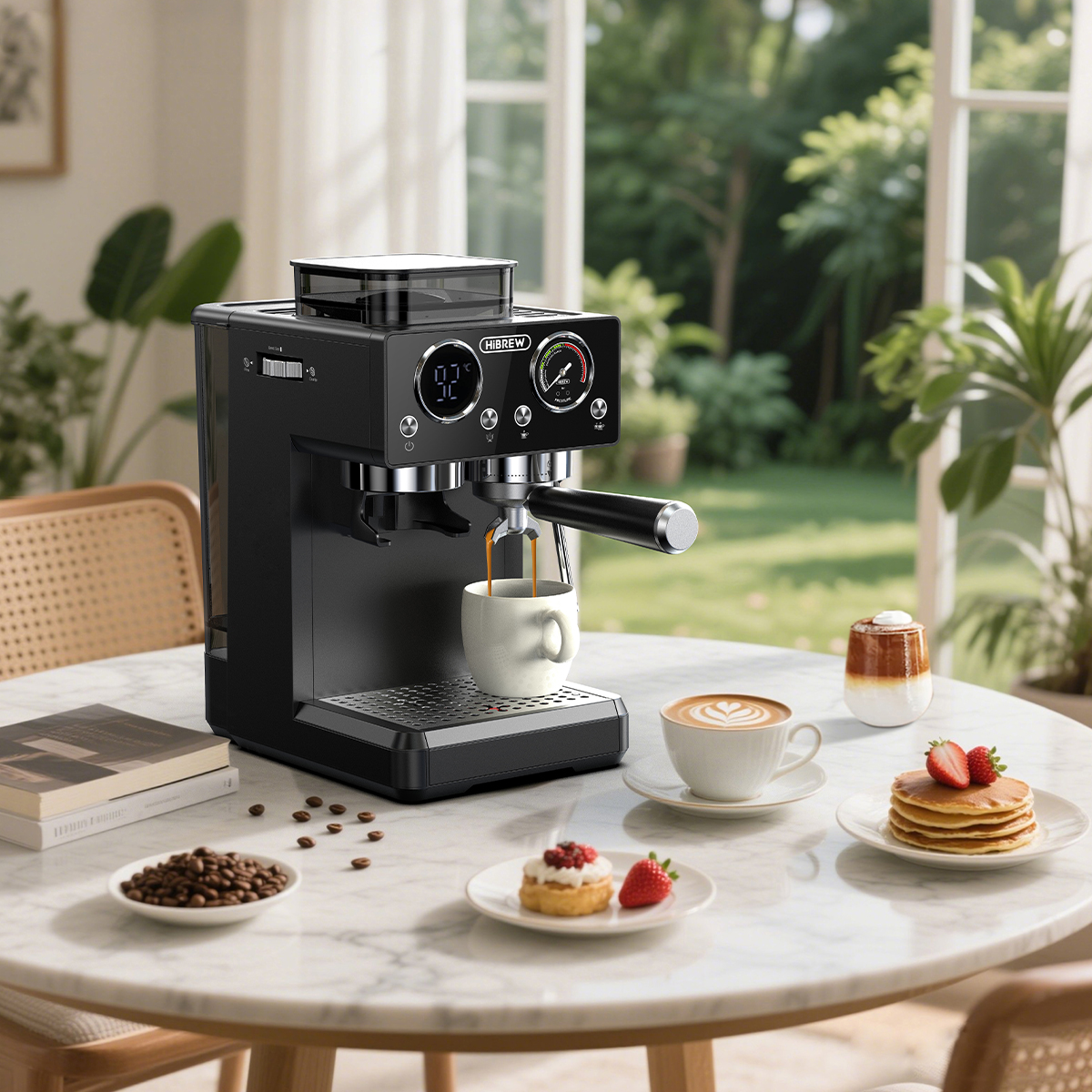 Una máquina de espresso negra prepara café en una taza blanca sobre una mesa de mármol.