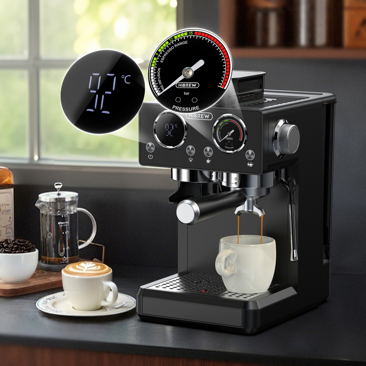 Una cafetera espresso negra preparando café en una taza. Un termómetro muestra 92°C.