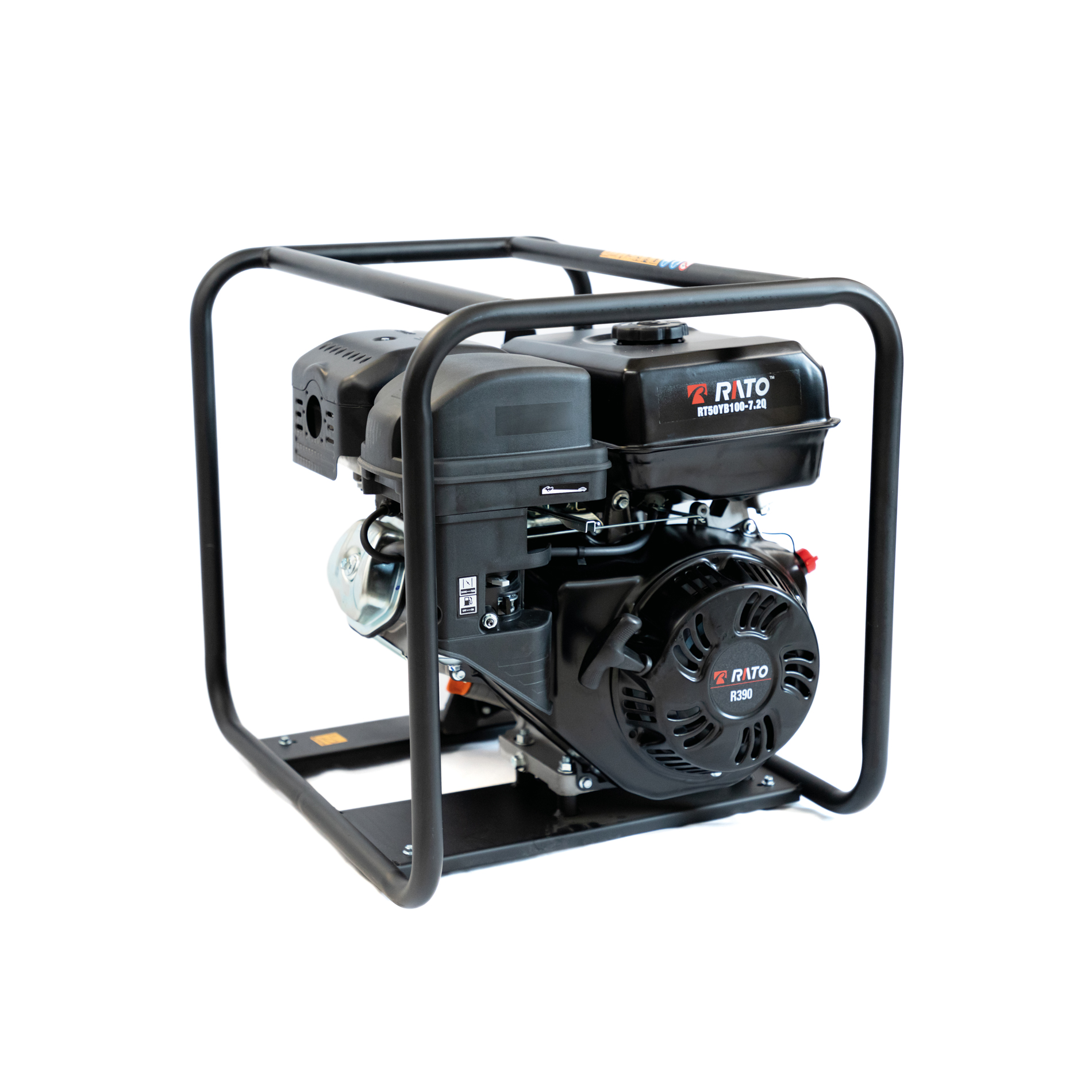 Czarny generator Rato z metalową ramą na białym tle.