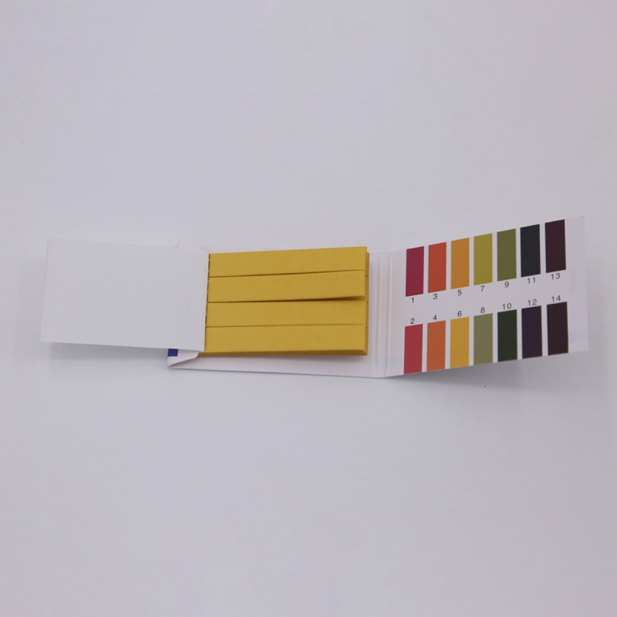 Zestaw do testowania pH w postaci pasków z żółtymi paskami i skalą kolorów od 1 do 14.