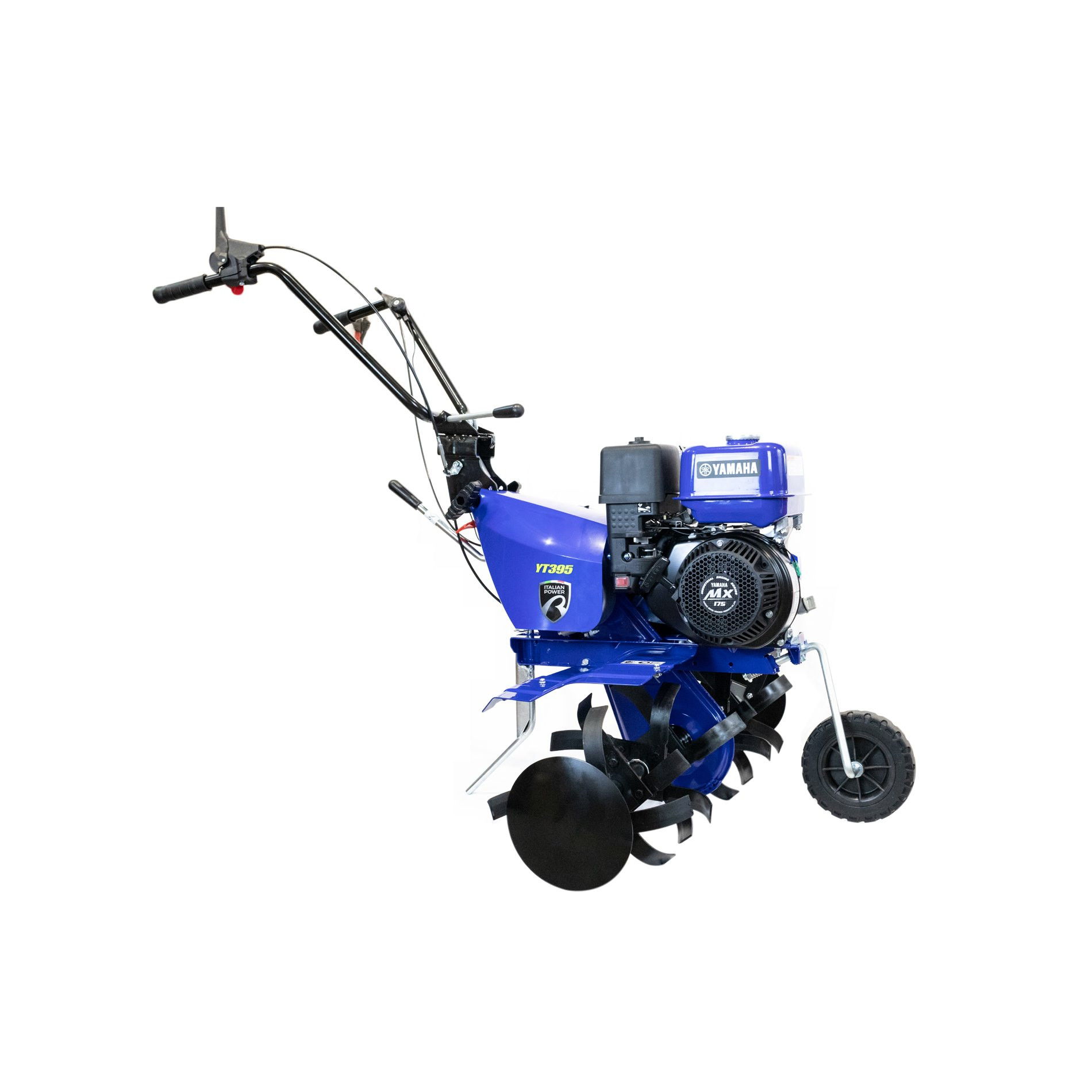 Niebieska glebogryzarka Yamaha z obrotowymi ostrzami i kołem.