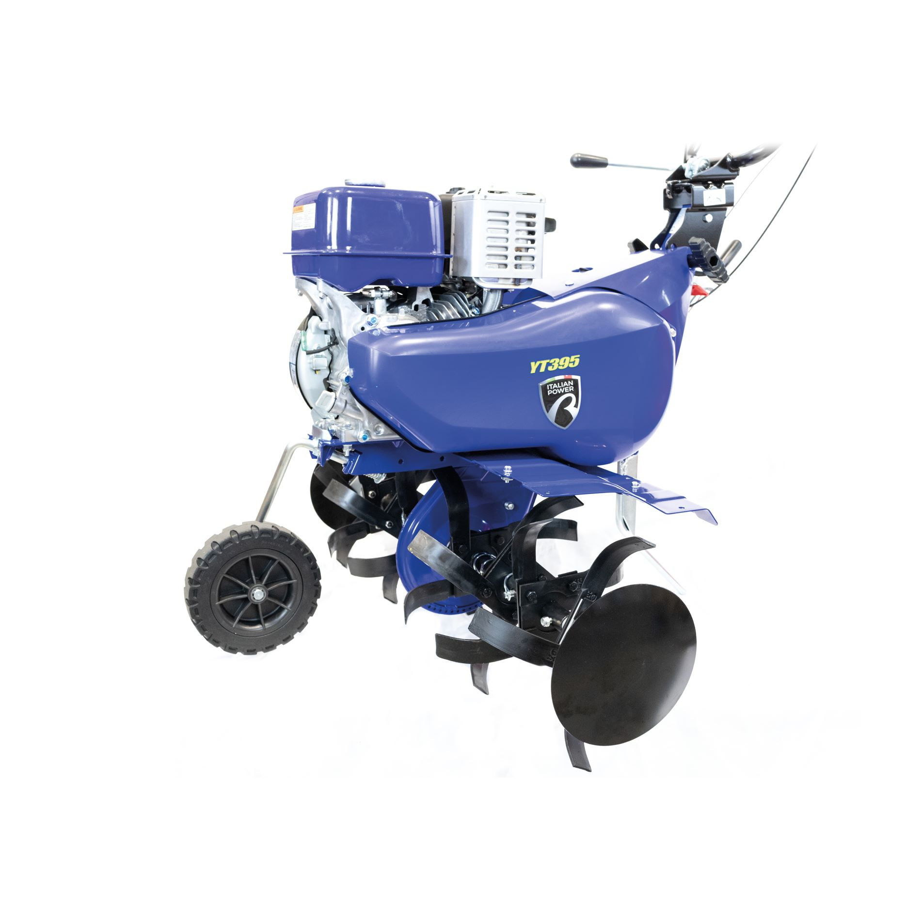 Niebieska glebogryzarka z czarnymi zębami i jednym kołem.