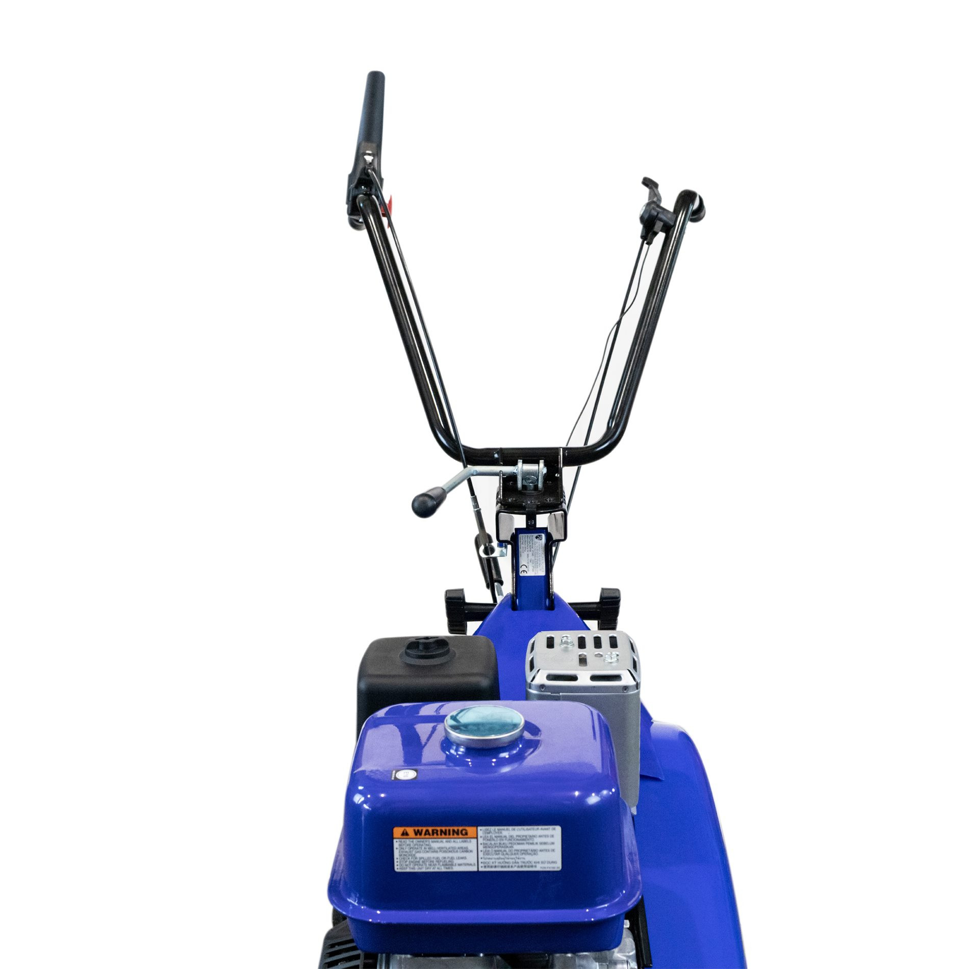 Niebieski kultywator z czarną kierownicą i kontrolkami.