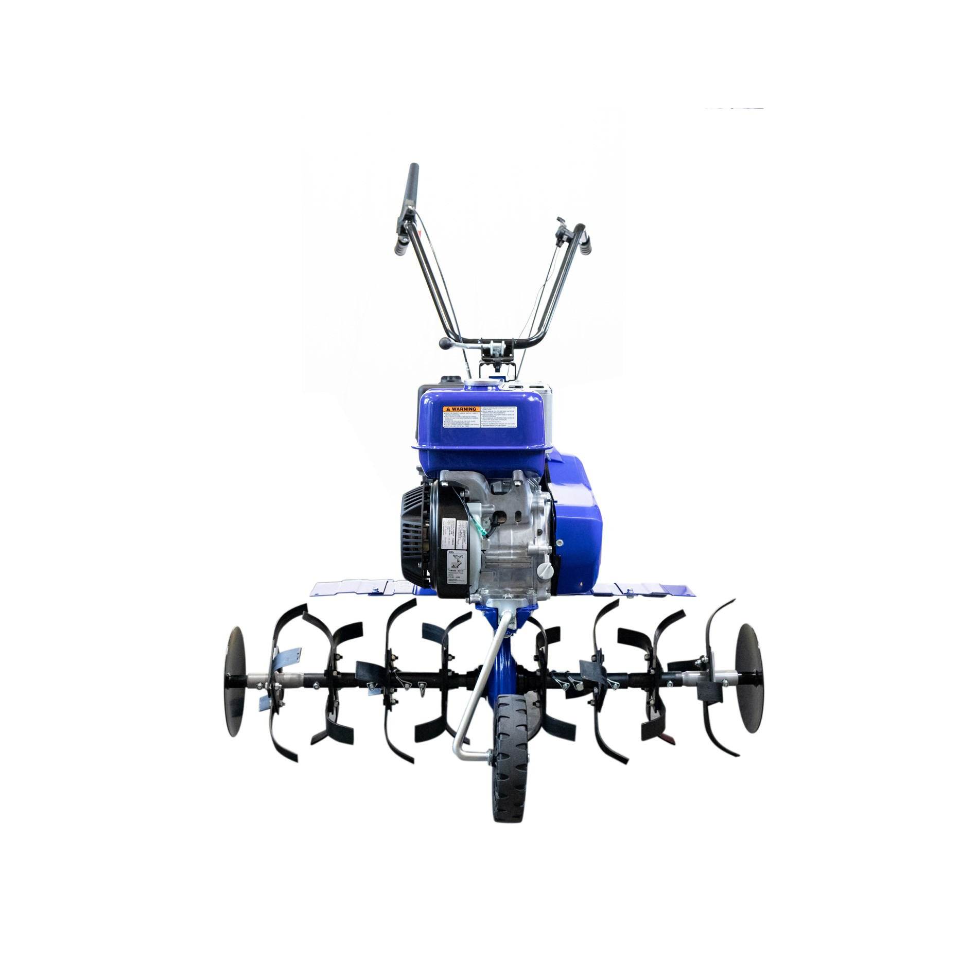 Niebieski glebogryzarka z metalowymi ostrzami i przednim kołem.