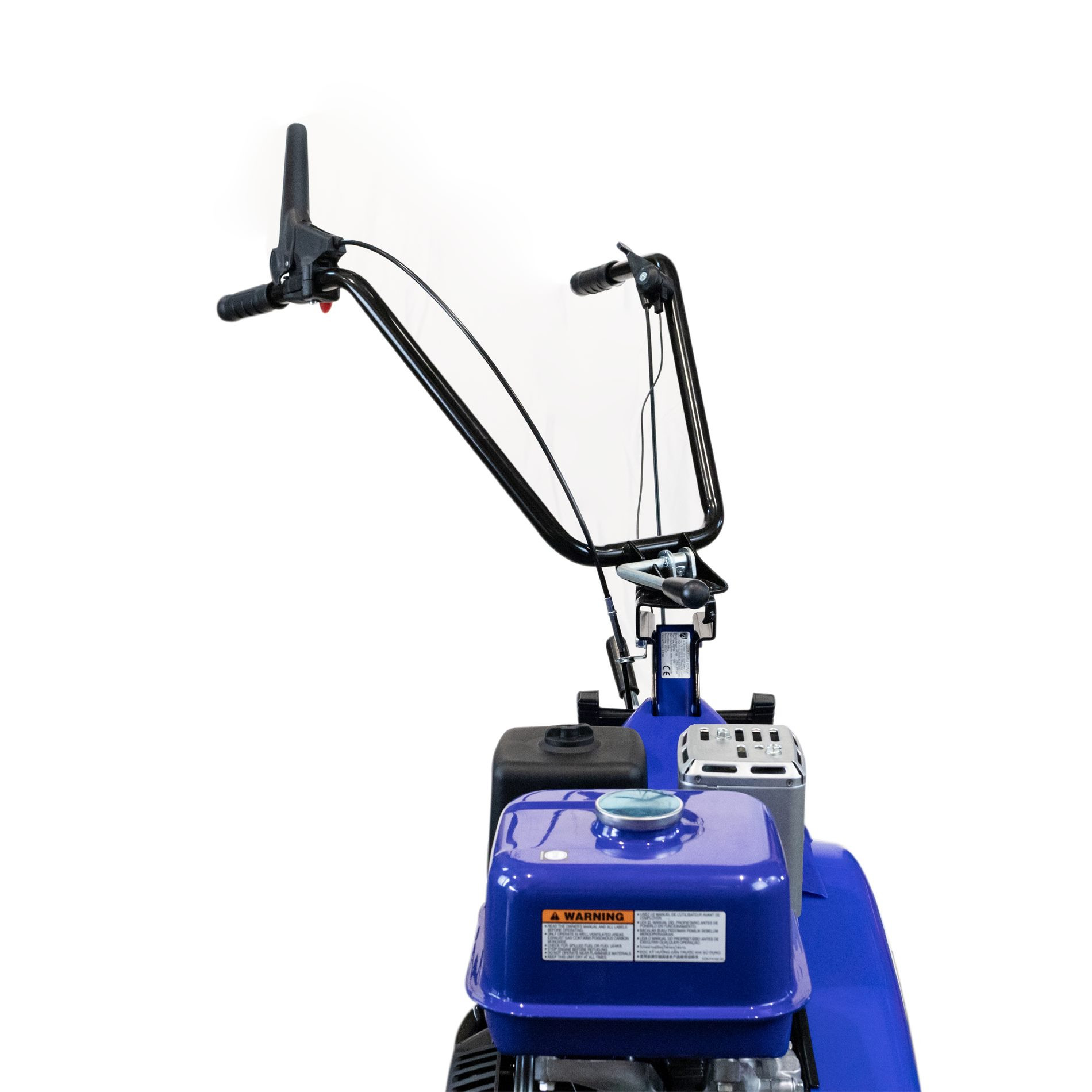 Niebieska glebogryzarka z kierownicą i osłoną silnika.