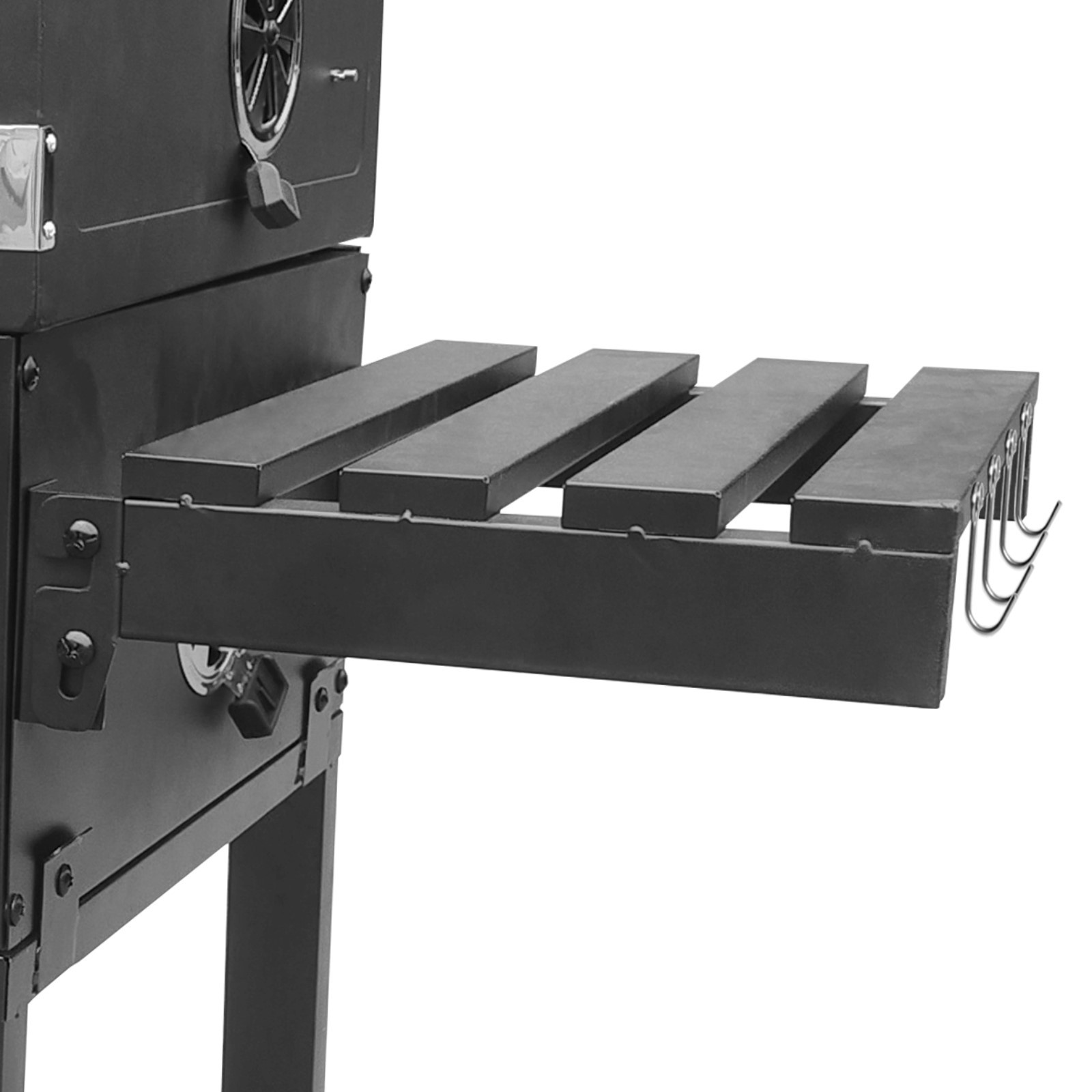 Czarna półka boczna grilla z czterema listwami i haczykami.