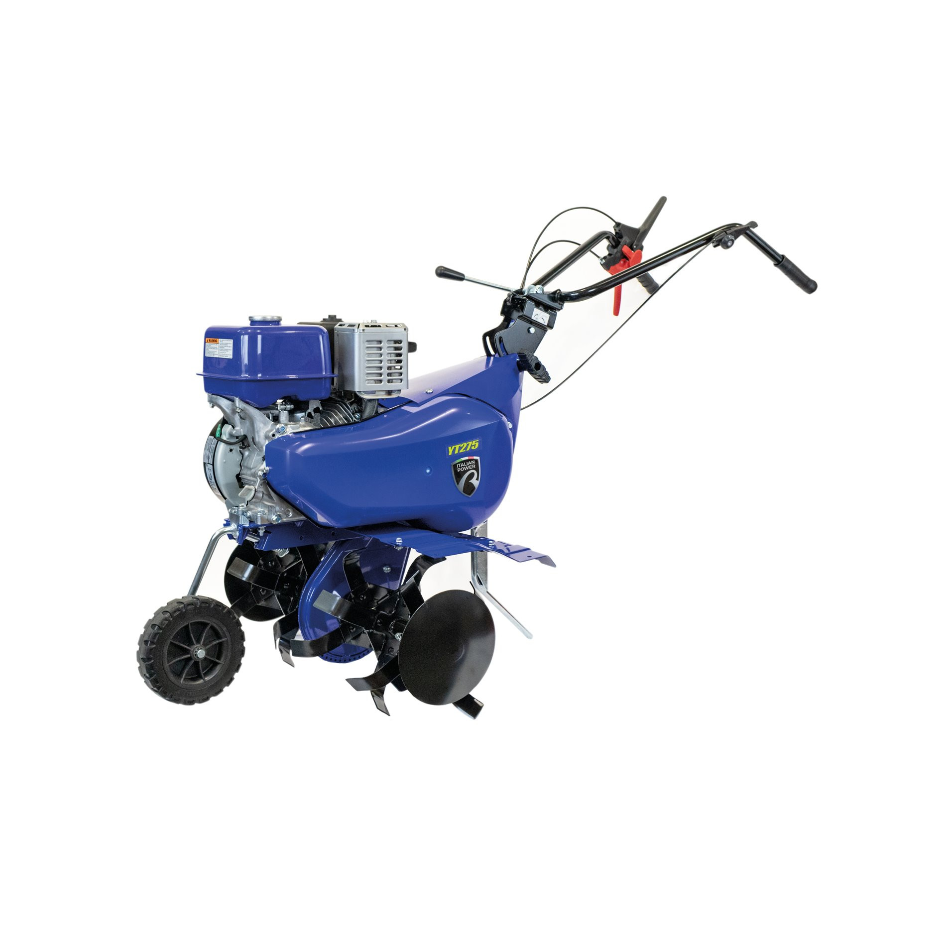 Niebieska glebogryzarka z silnikiem, kołami i uchwytami na białym tle.