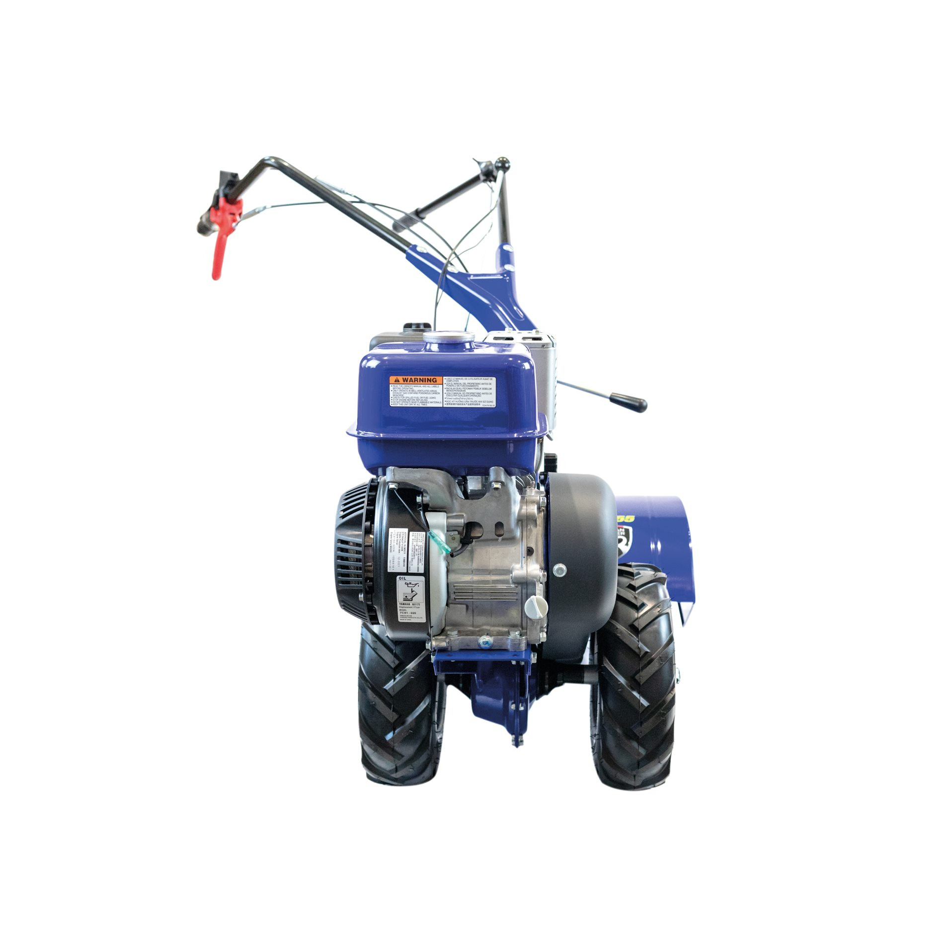 Niebieska glebogryzarka z dużymi oponami i kierownicami na białym tle.