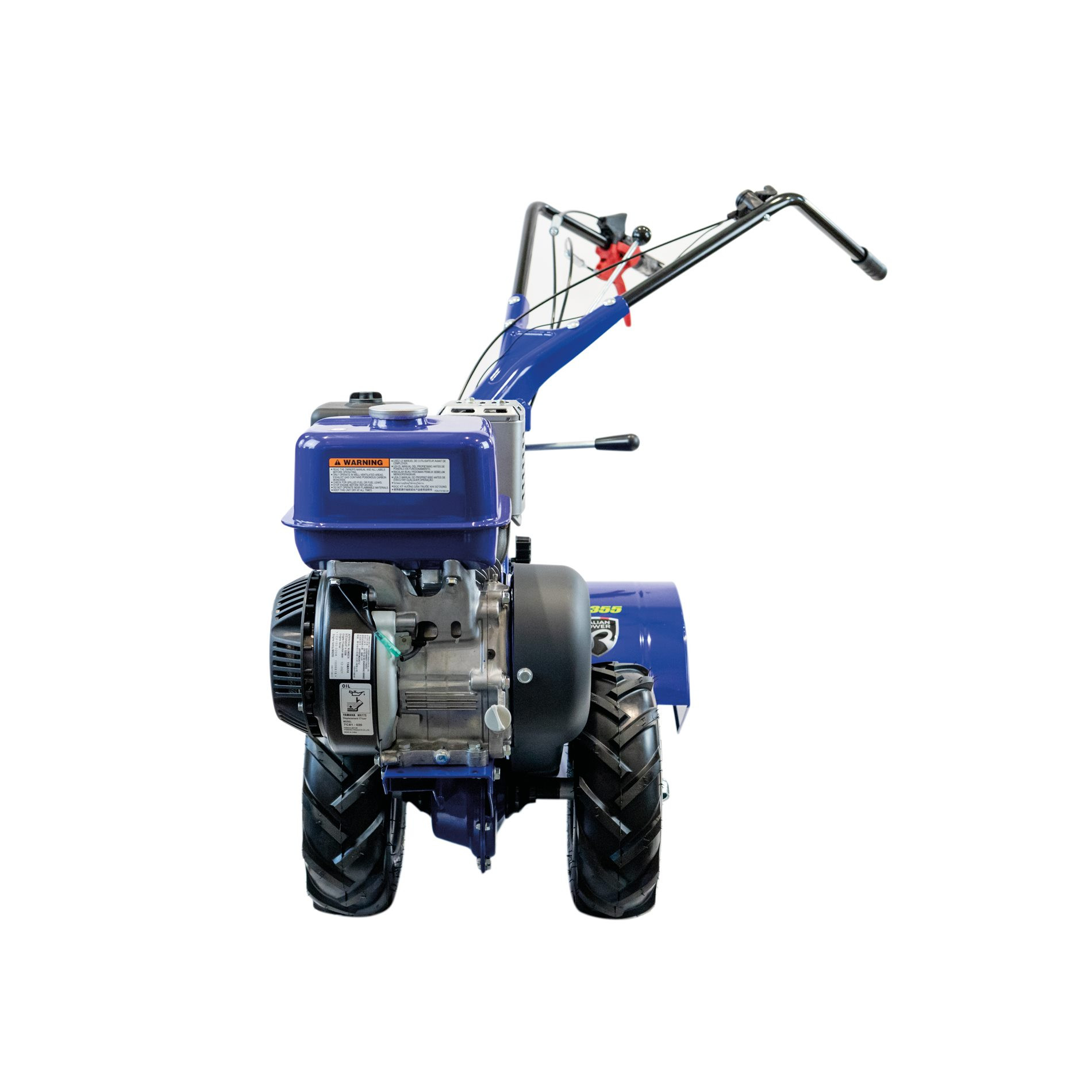 Niebieska glebogryzarka z czarnymi kołami i uchwytami, na białym tle.