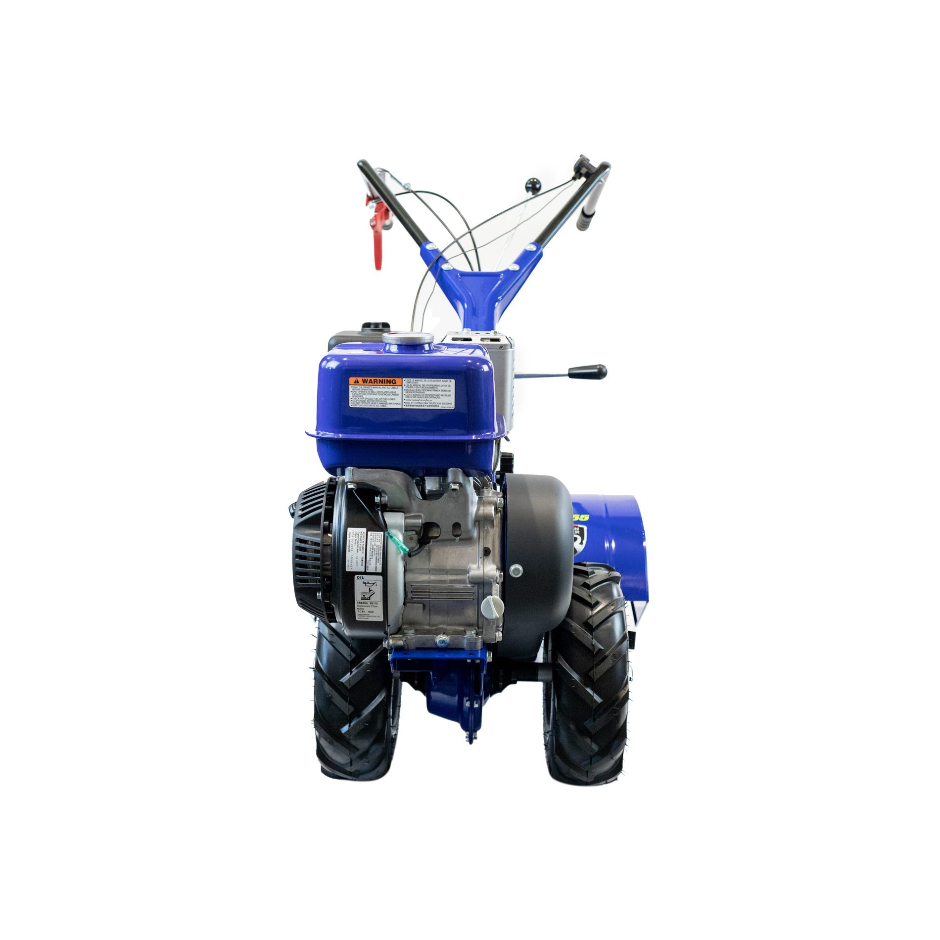 Niebieski dwukołowy glebogryzarka z silnikiem i kierownicą.