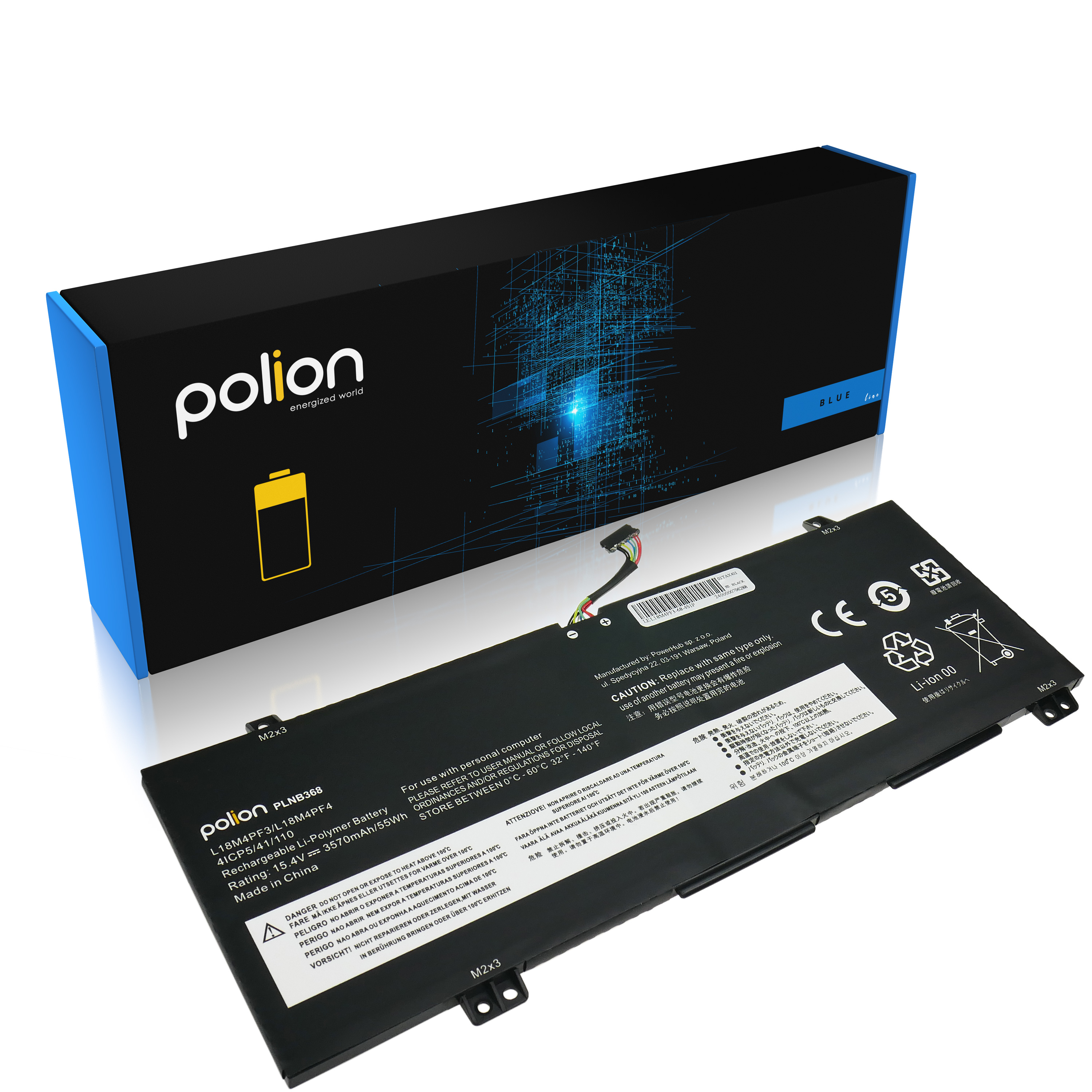 Czarna bateria do laptopa z logo 'polion' i niebieskim pudełkiem.