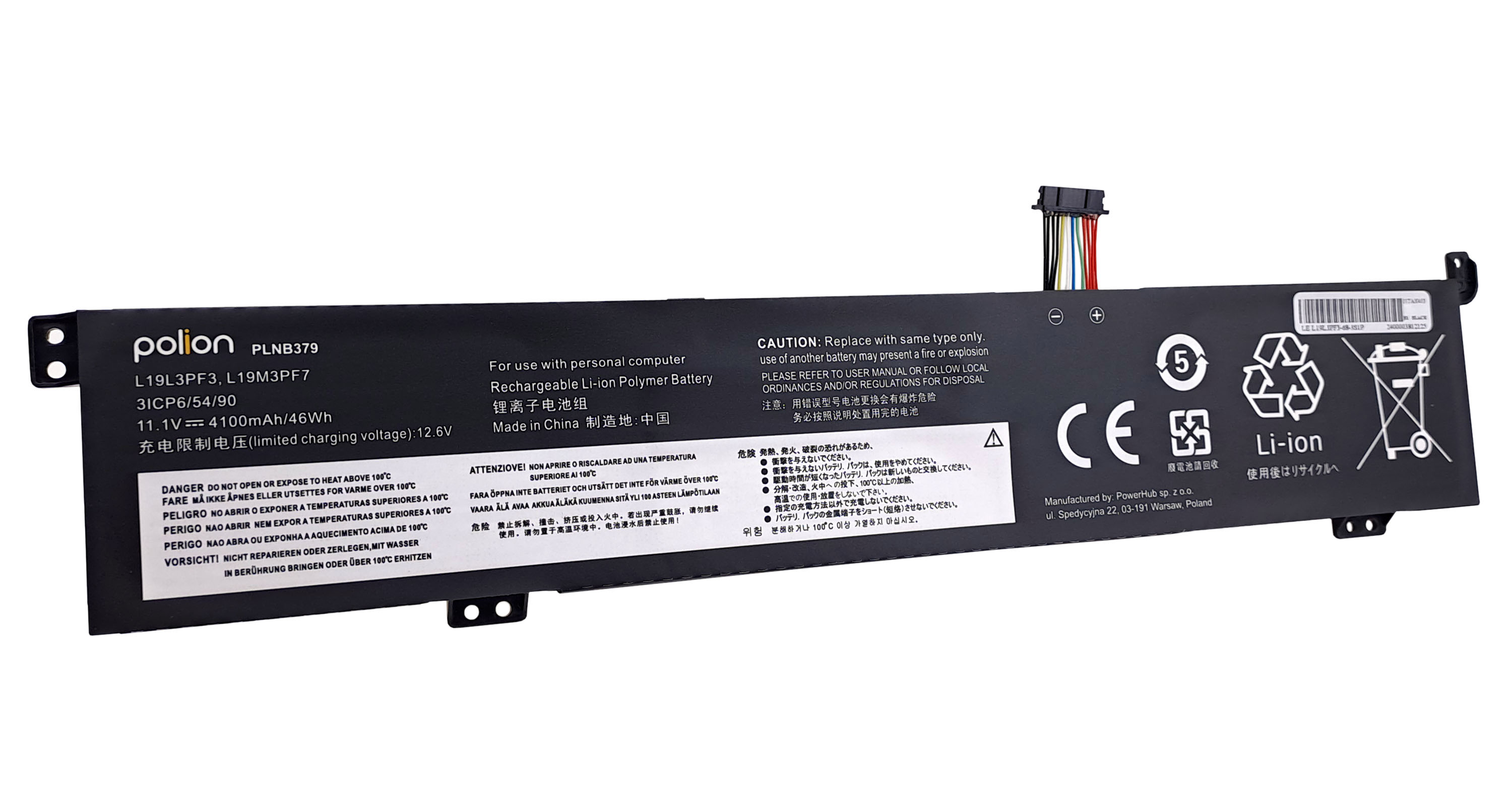 Czarny akumulator Li-ion marki polion do laptopa z numerem modelu i ostrzeżeniami.