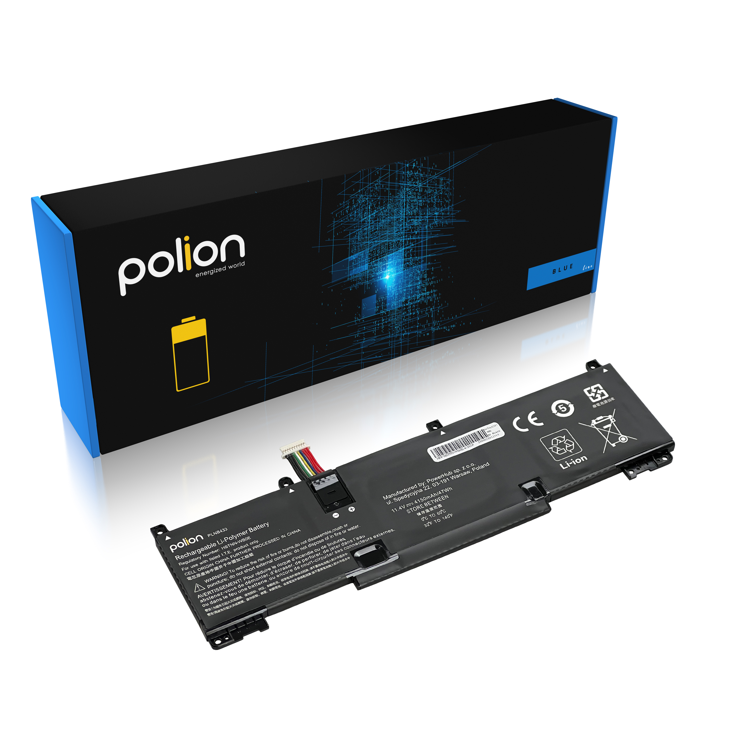 Czarna bateria do laptopa z kablami i niebieskie pudełko z informacjami o produkcie.