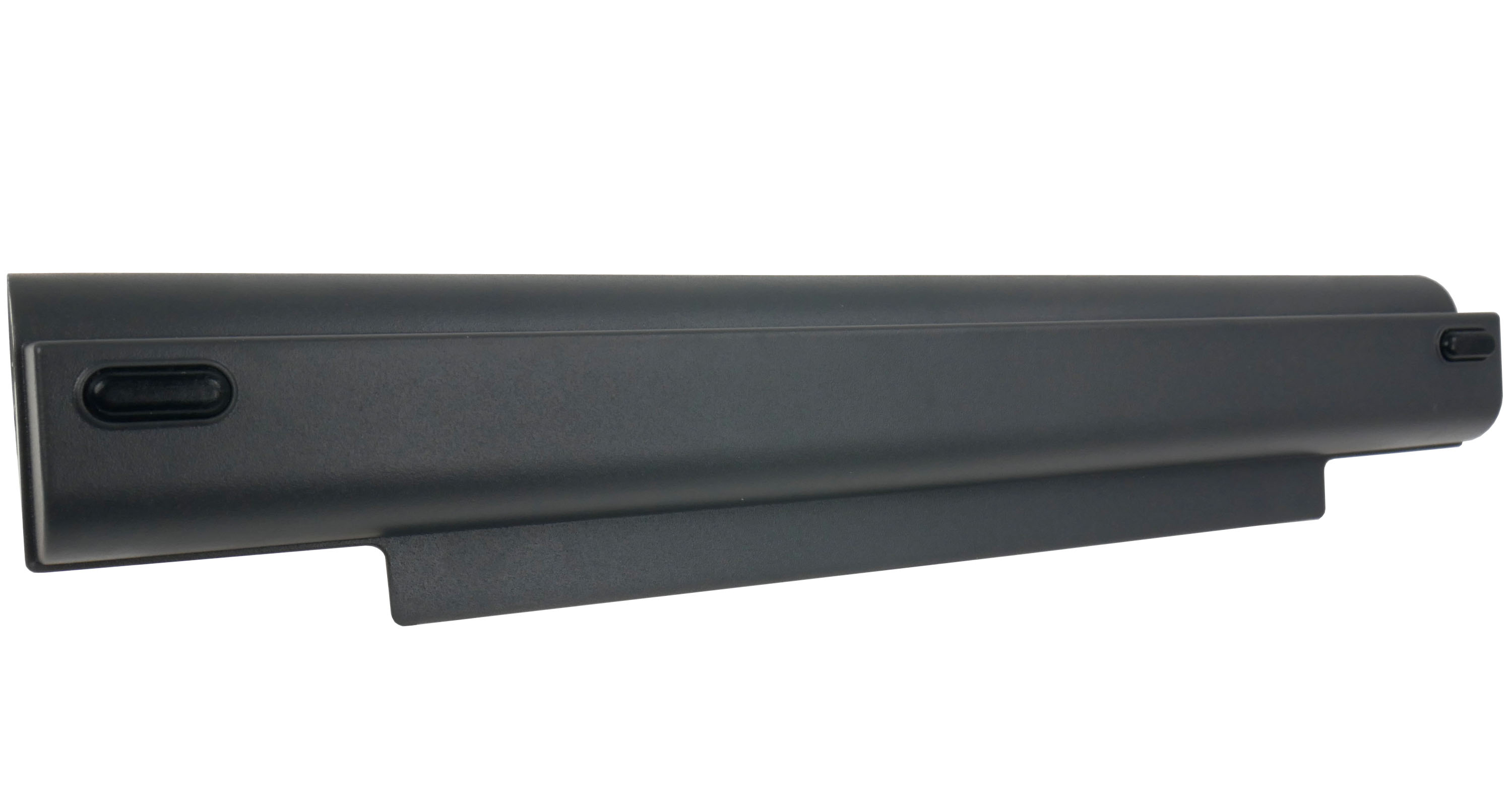 Czarna prostokątna bateria z owalnym przyciskiem po lewej stronie.