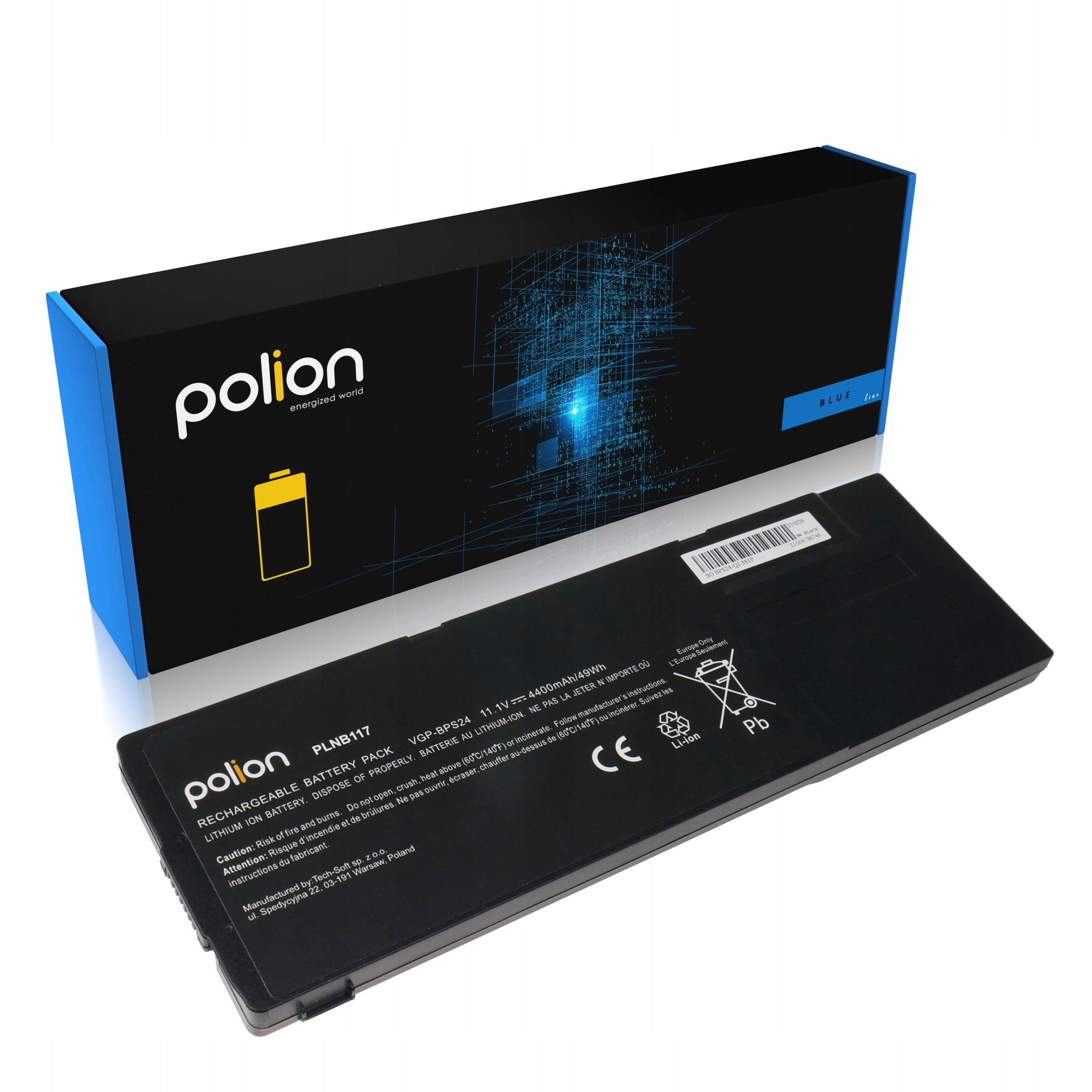 Czarna bateria do laptopa z logo "Polion" i niebieskim opakowaniem.