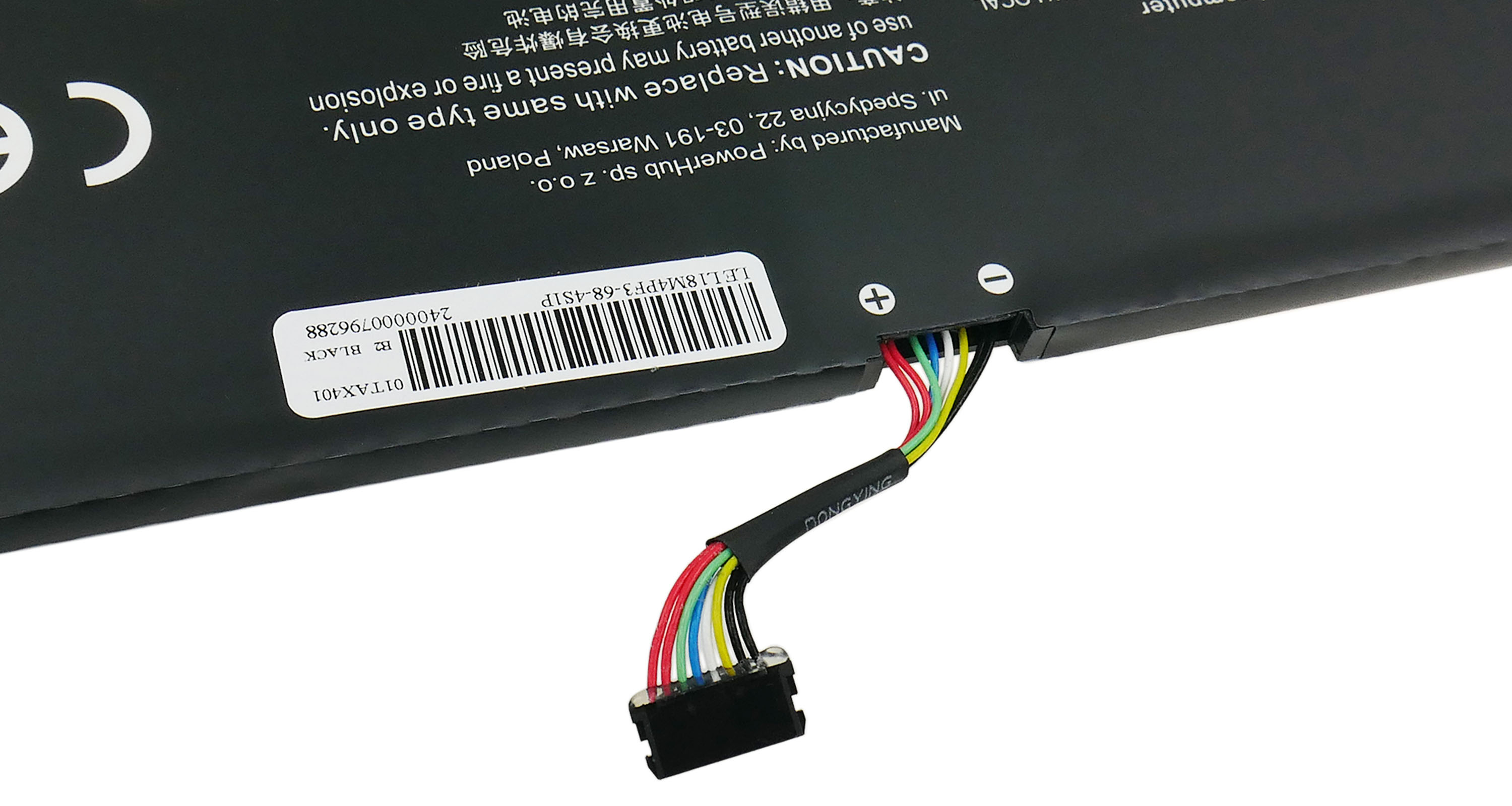 Czarna bateria z kolorowymi przewodami i kodem kreskowym. Wydrukowano ostrzeżenie.