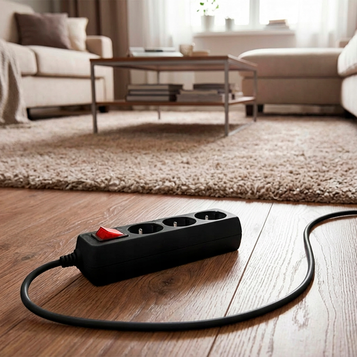 Czarna listwa zasilająca z czerwonym przełącznikiem na drewnianej podłodze.