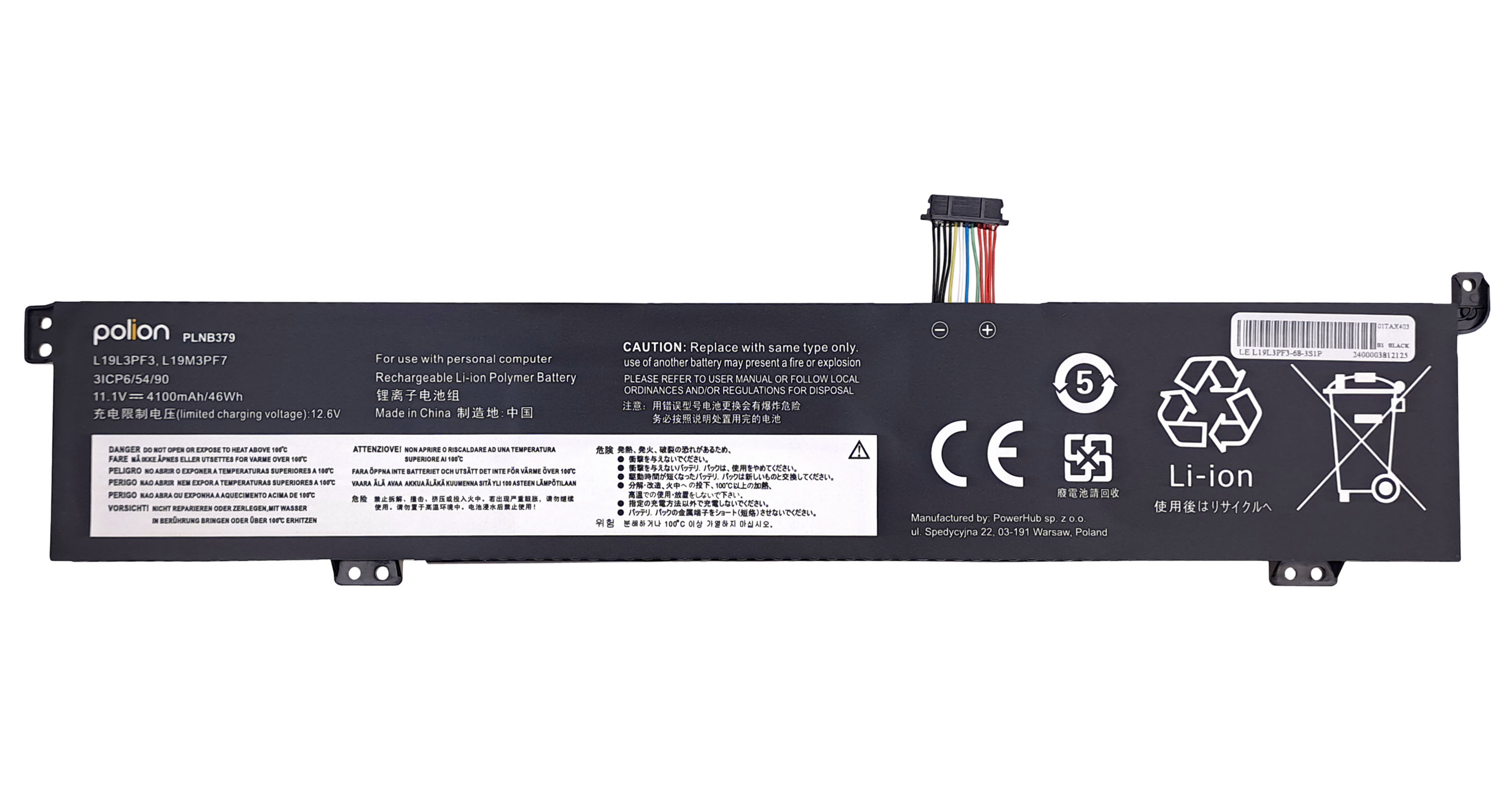 Czarna bateria litowo-jonowa Polon, model L19L3PF3. Zawiera ostrzeżenia.