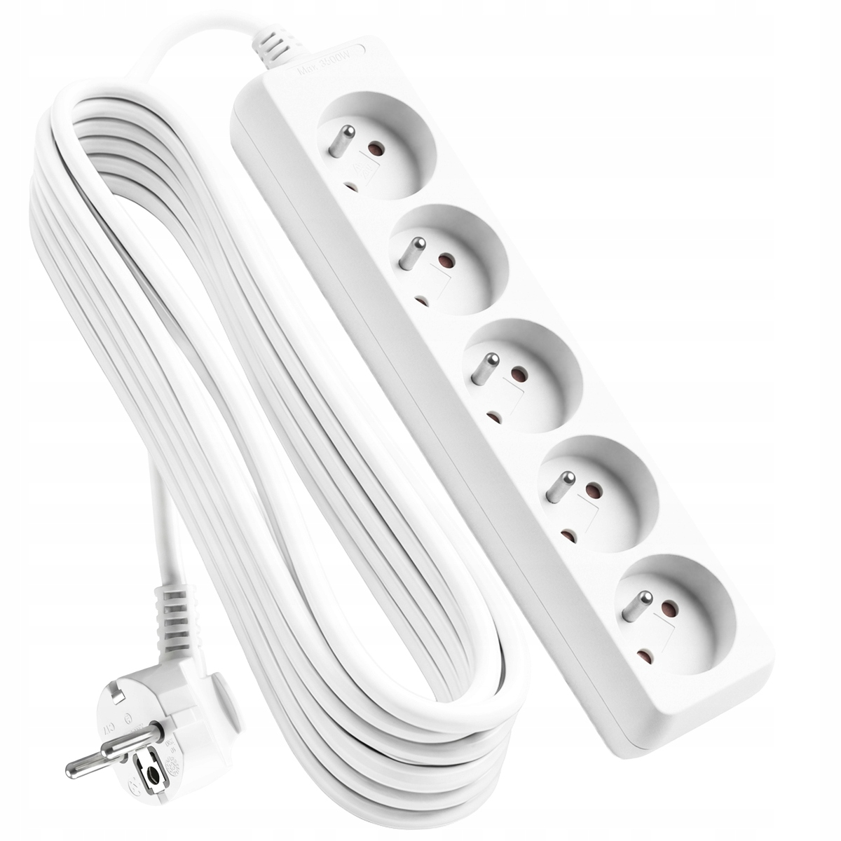 Biała listwa zasilająca z czterema gniazdami i białym kablem.