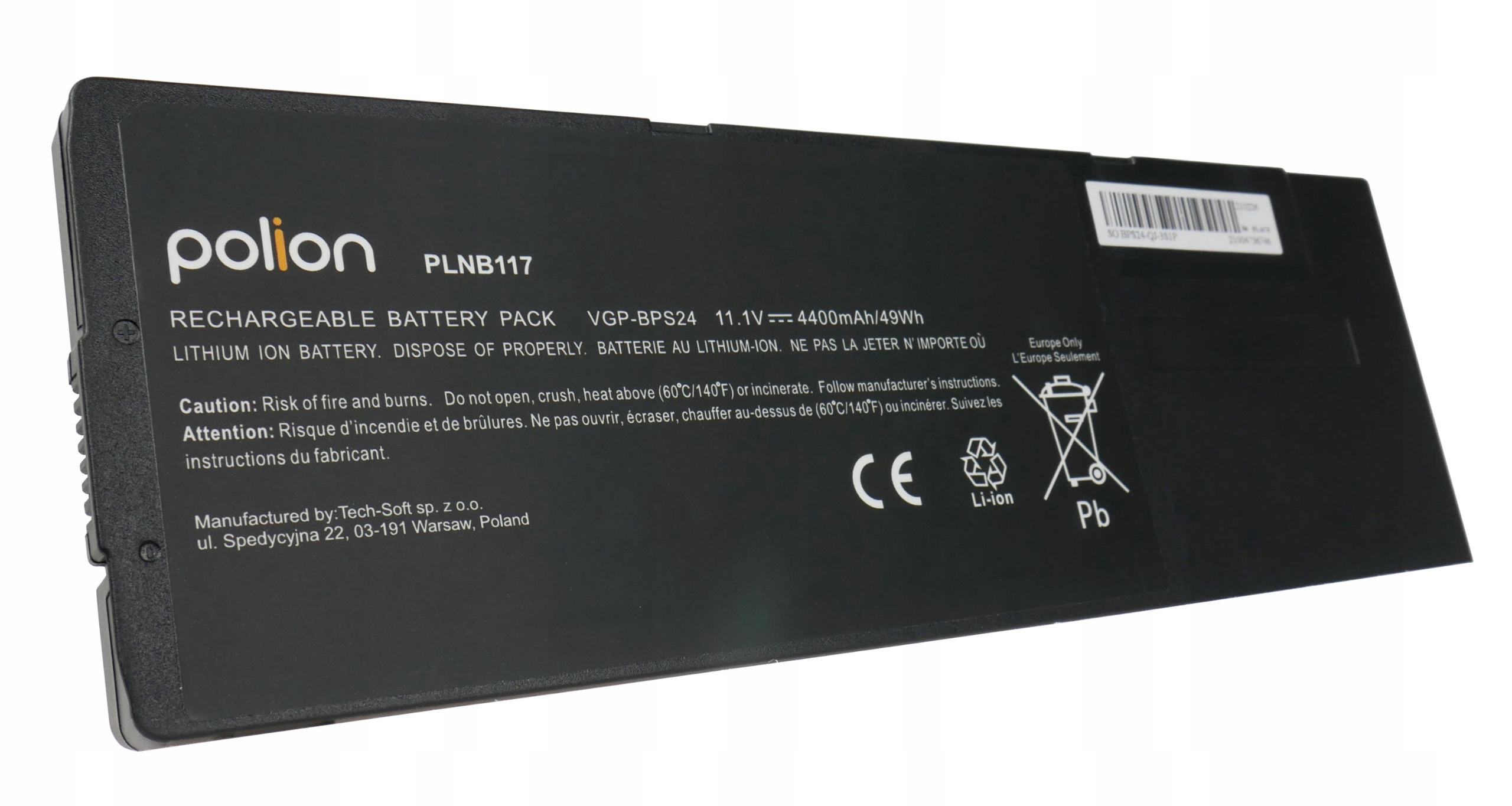 Czarna bateria do laptopa: Polion PLNB117, 11.1V, 4400mAh. Z symbolami ostrzegawczymi.