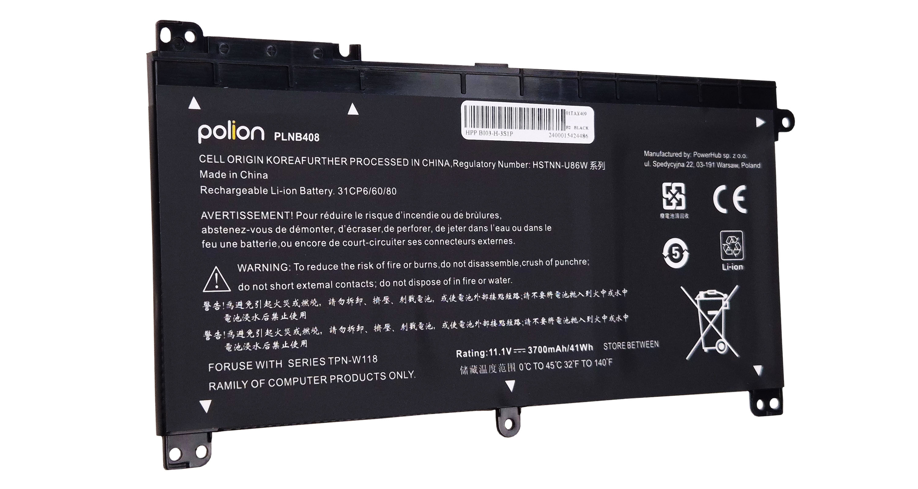 Czarna bateria do laptopa, model PLNB408. Zawiera etykiety ostrzegawcze.