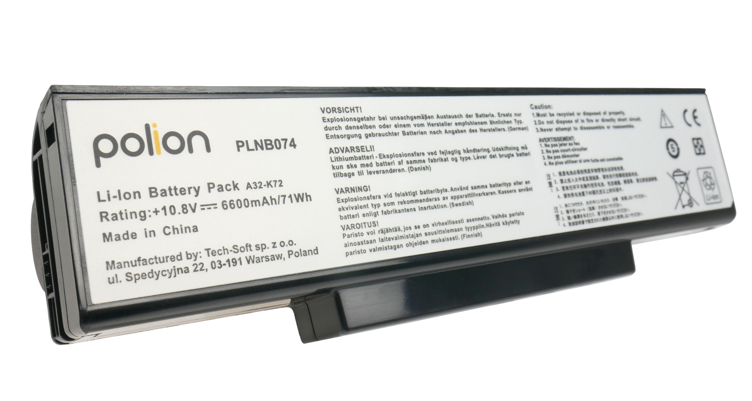 Bateria Li-Ion Polion A32-K72, 10.8V, 6600mAh, made in China.
