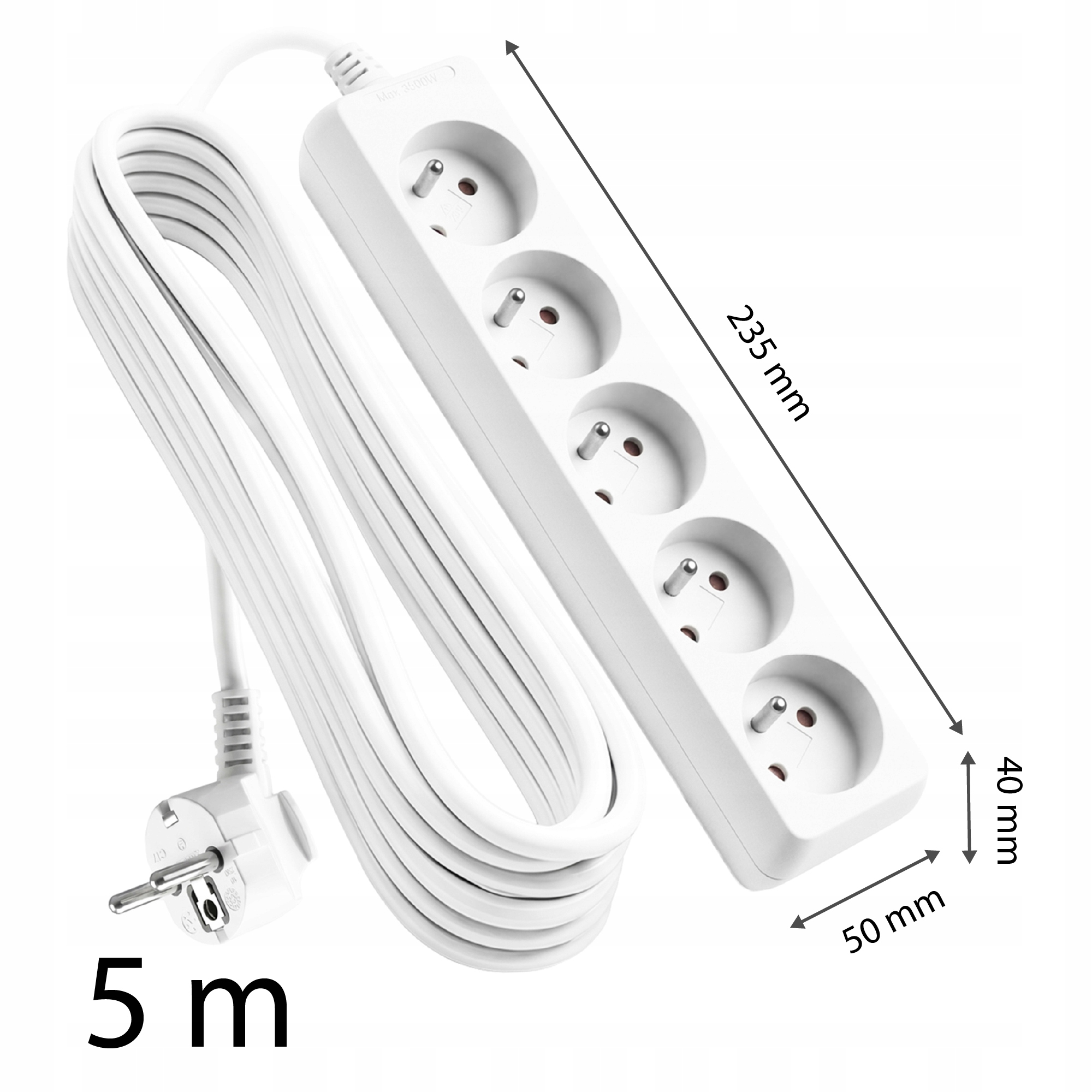 Biały kabel przedłużający o długości 5 metrów z czterema gniazdami.