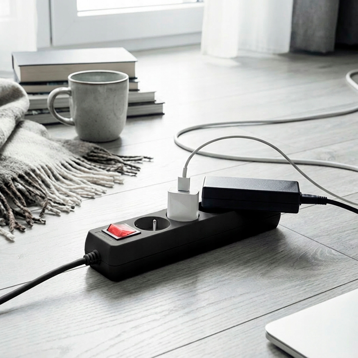 Czarna listwa zasilająca z podświetlanym na czerwono włącznikiem, podłączona do ładowarek.